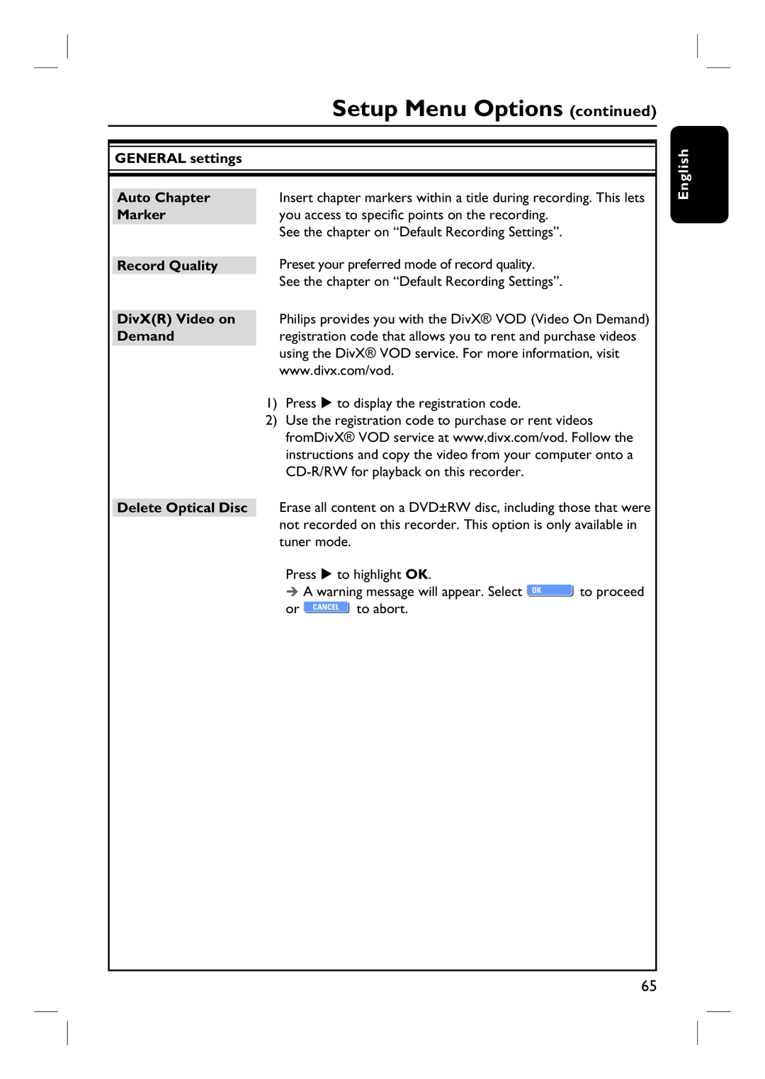 Philips DVDR3440H user manual General settings Auto Chapter, To abort 