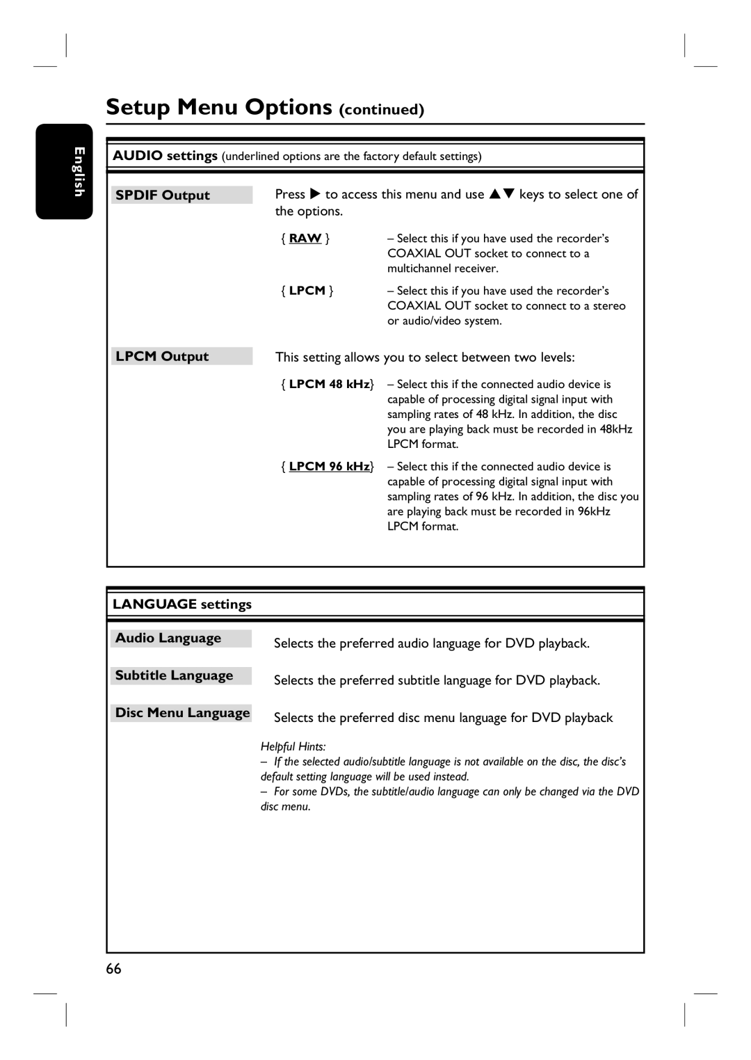 Philips DVDR3440H Spdif Output, Lpcm Output, This setting allows you to select between two levels, Subtitle Language 