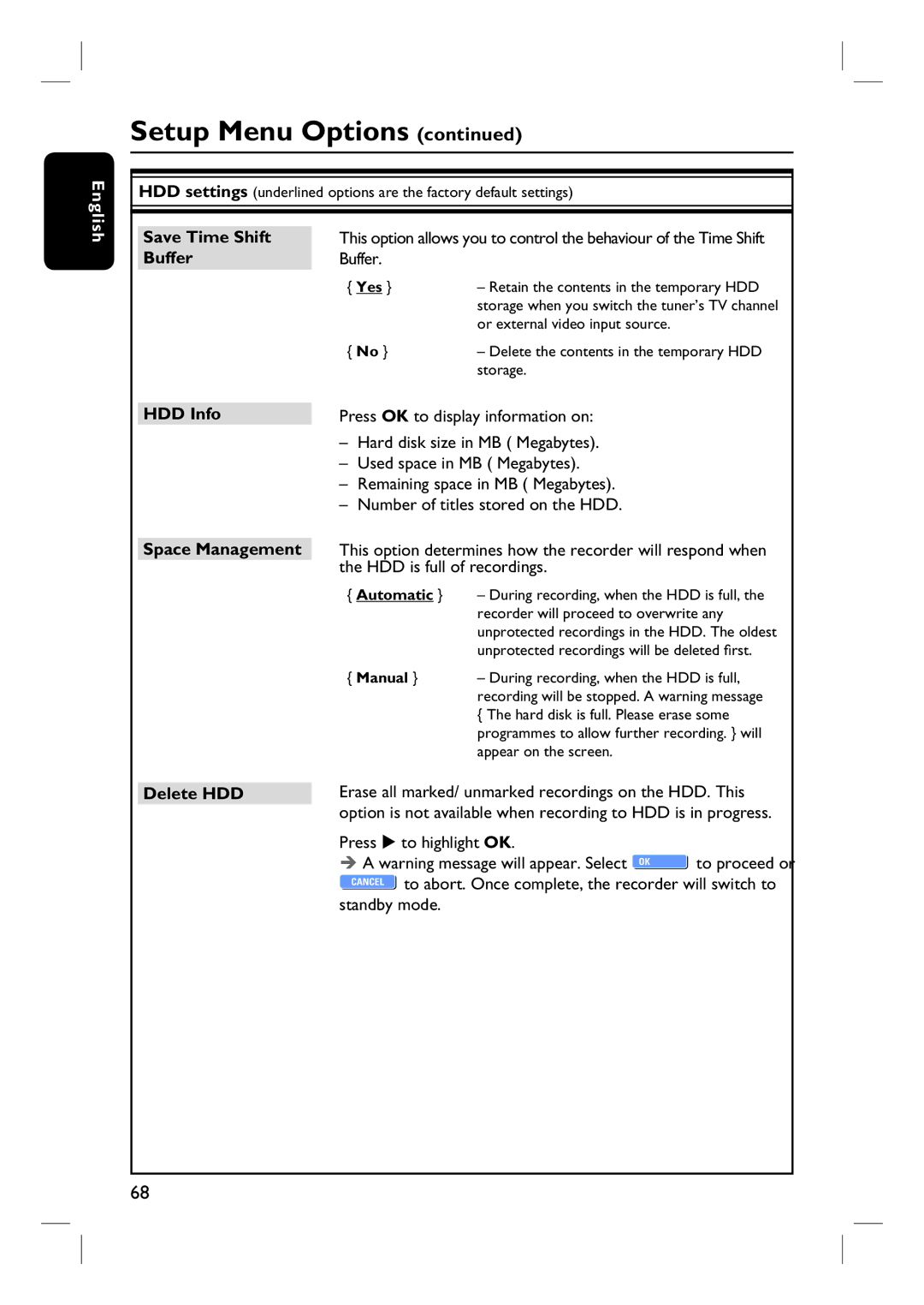 Philips DVDR3440H user manual Save Time Shift, Buffer, HDD Info Space Management, Delete HDD 