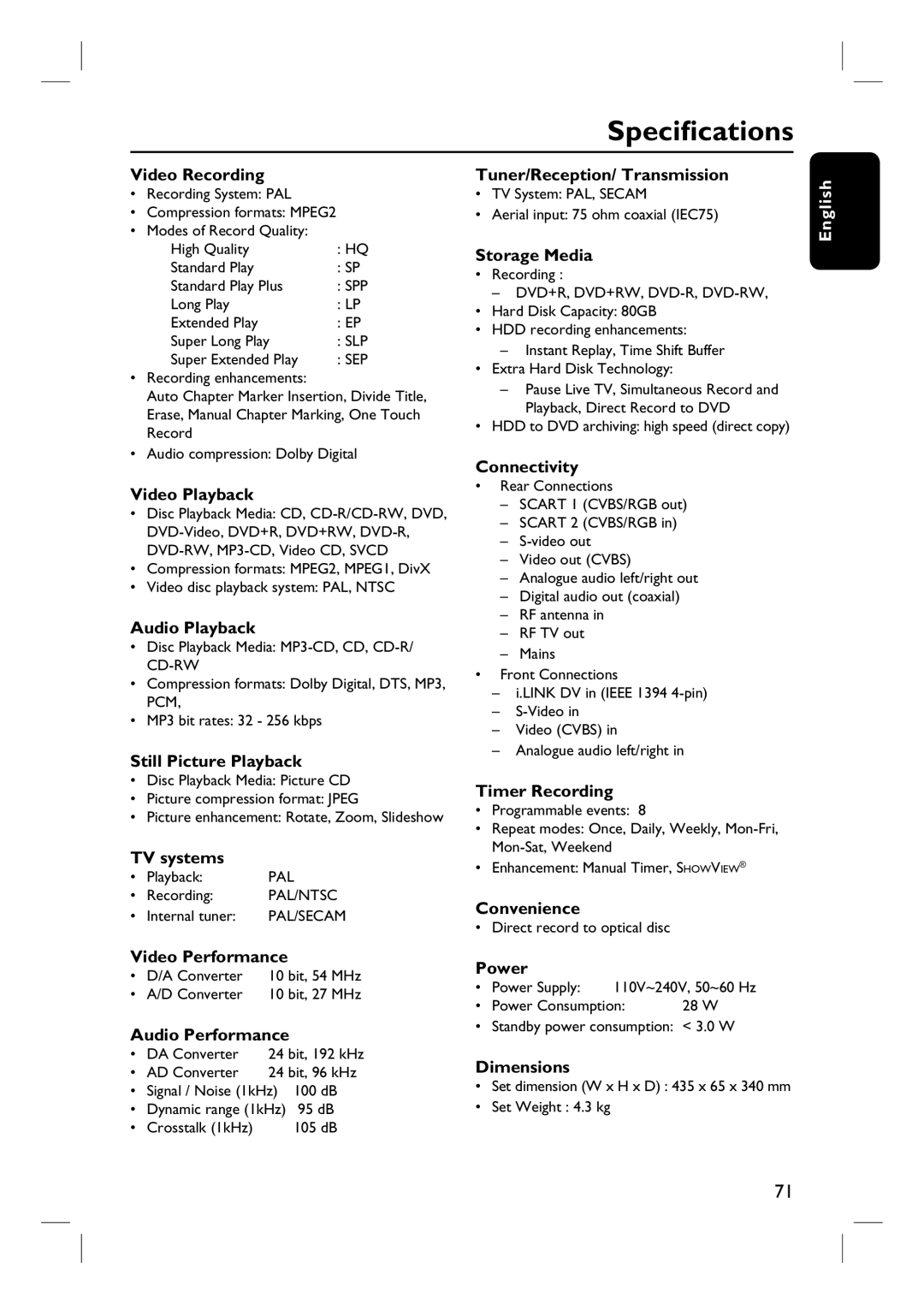 Philips DVDR3440H user manual Specifications 