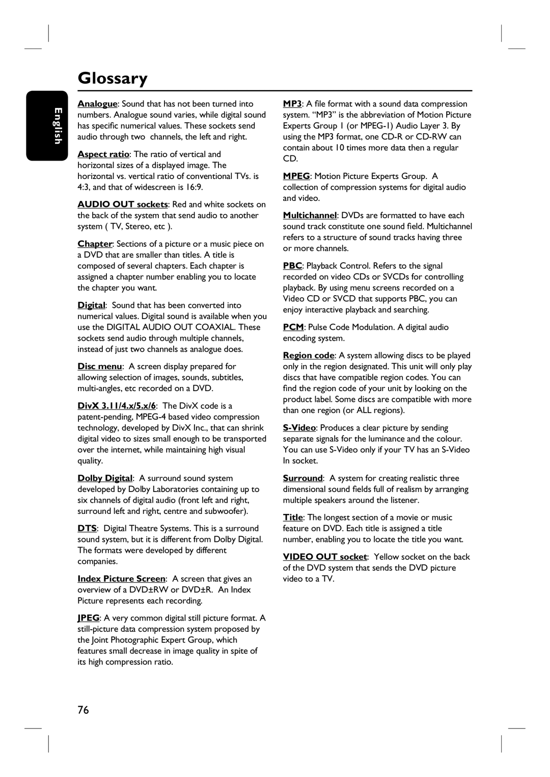 Philips DVDR3440H user manual Glossary, PCM Pulse Code Modulation. a digital audio encoding system 