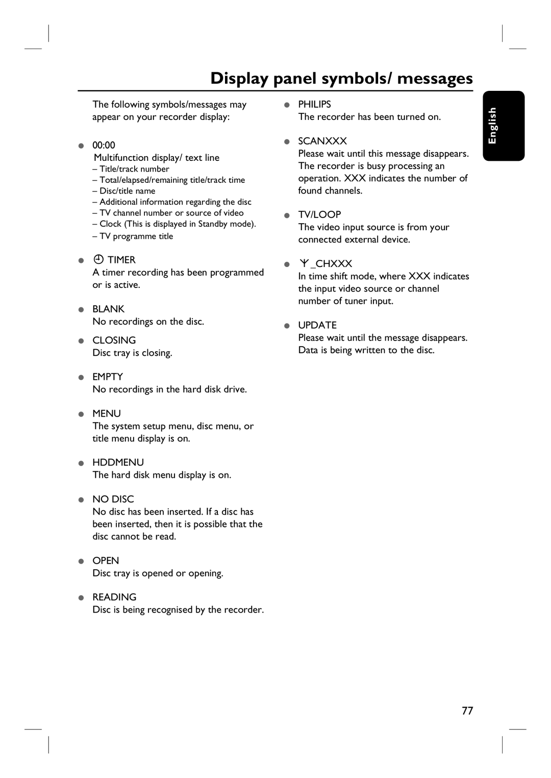 Philips DVDR3440H user manual Display panel symbols/ messages 