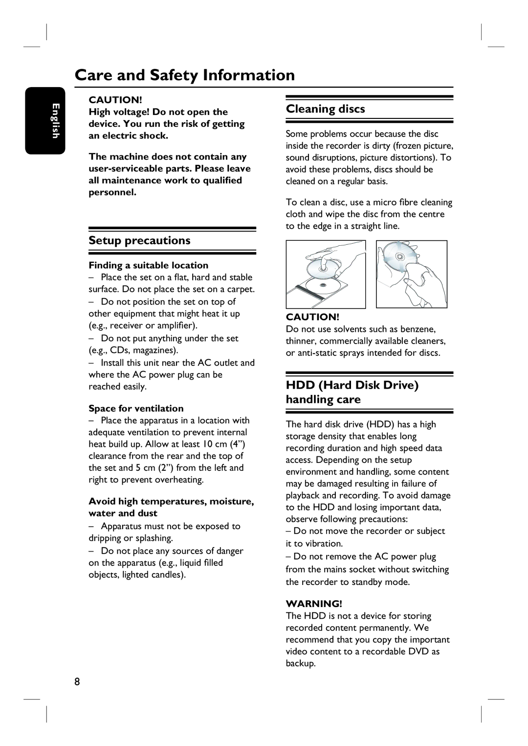 Philips DVDR3440H Care and Safety Information, Setup precautions, Cleaning discs, HDD Hard Disk Drive handling care 