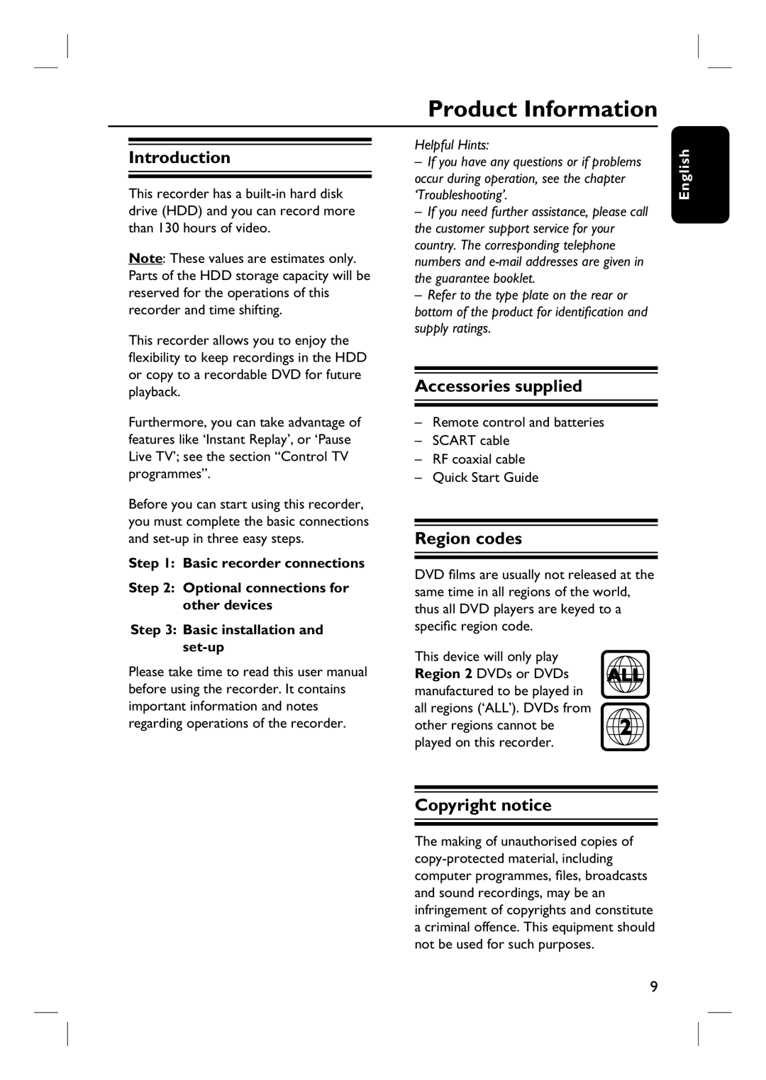 Philips DVDR3440H user manual Product Information, Introduction, Accessories supplied, Region codes, Copyright notice 