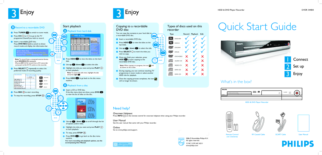 Philips DVDR3440H/05B quick start Start playback, Copying to a recordable DVD disc, Types of discs used on this recorder 