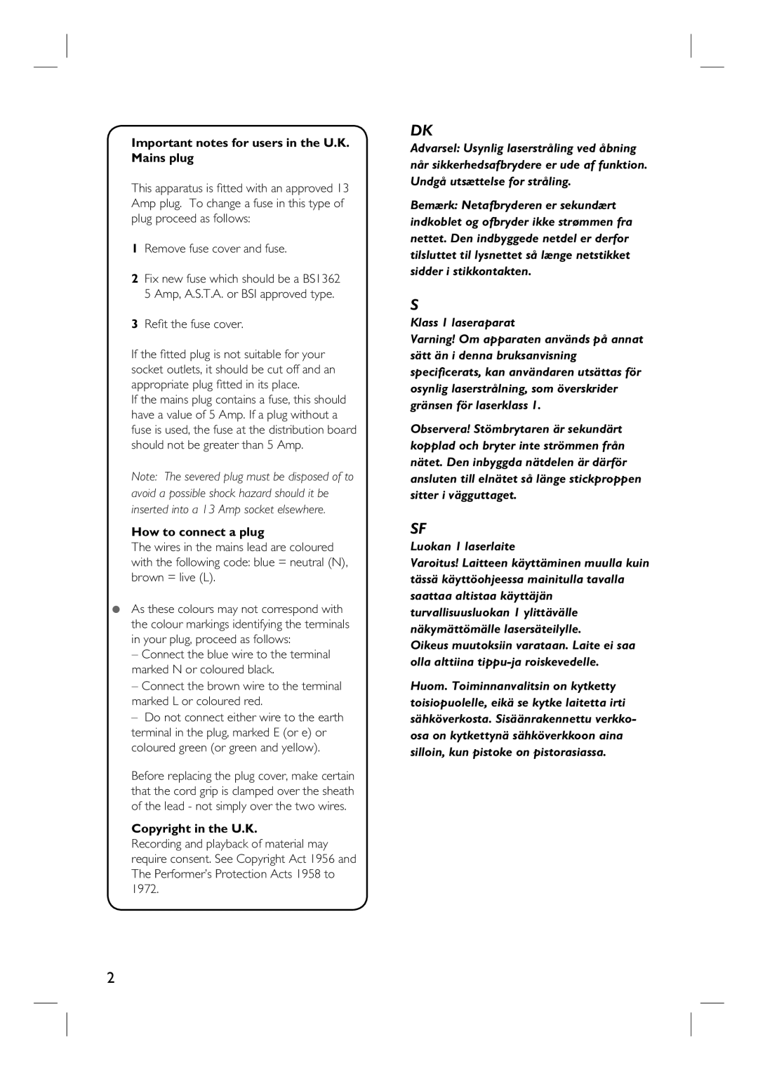 Philips DVDR3452H, DVDR3450H, DVDR3465H, DVDR3460H user manual Klass 1 laseraparat 