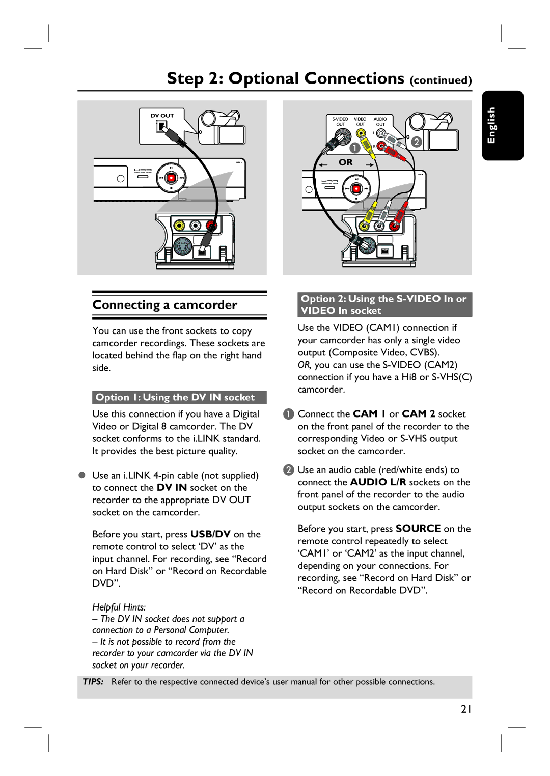 Philips DVDR3465H, DVDR3450H, DVDR3452H, DVDR3460H user manual Connecting a camcorder 