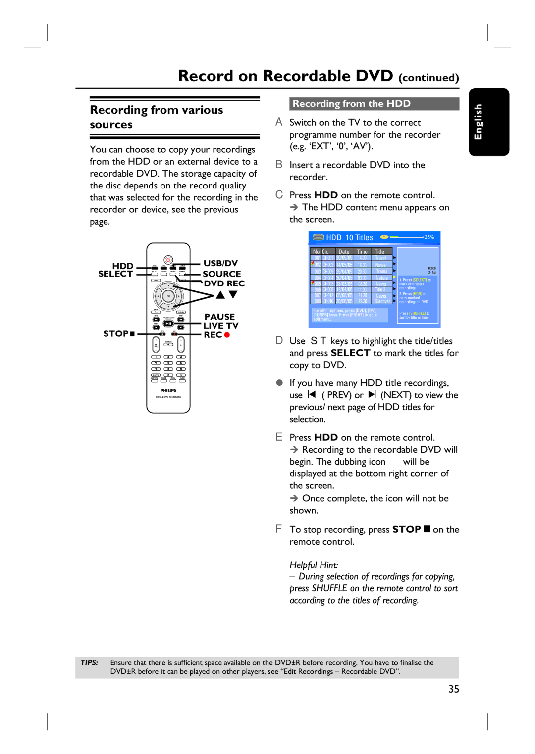 Philips DVDR3460H, DVDR3450H, DVDR3465H, DVDR3452H user manual Recording from the HDD, Screen 