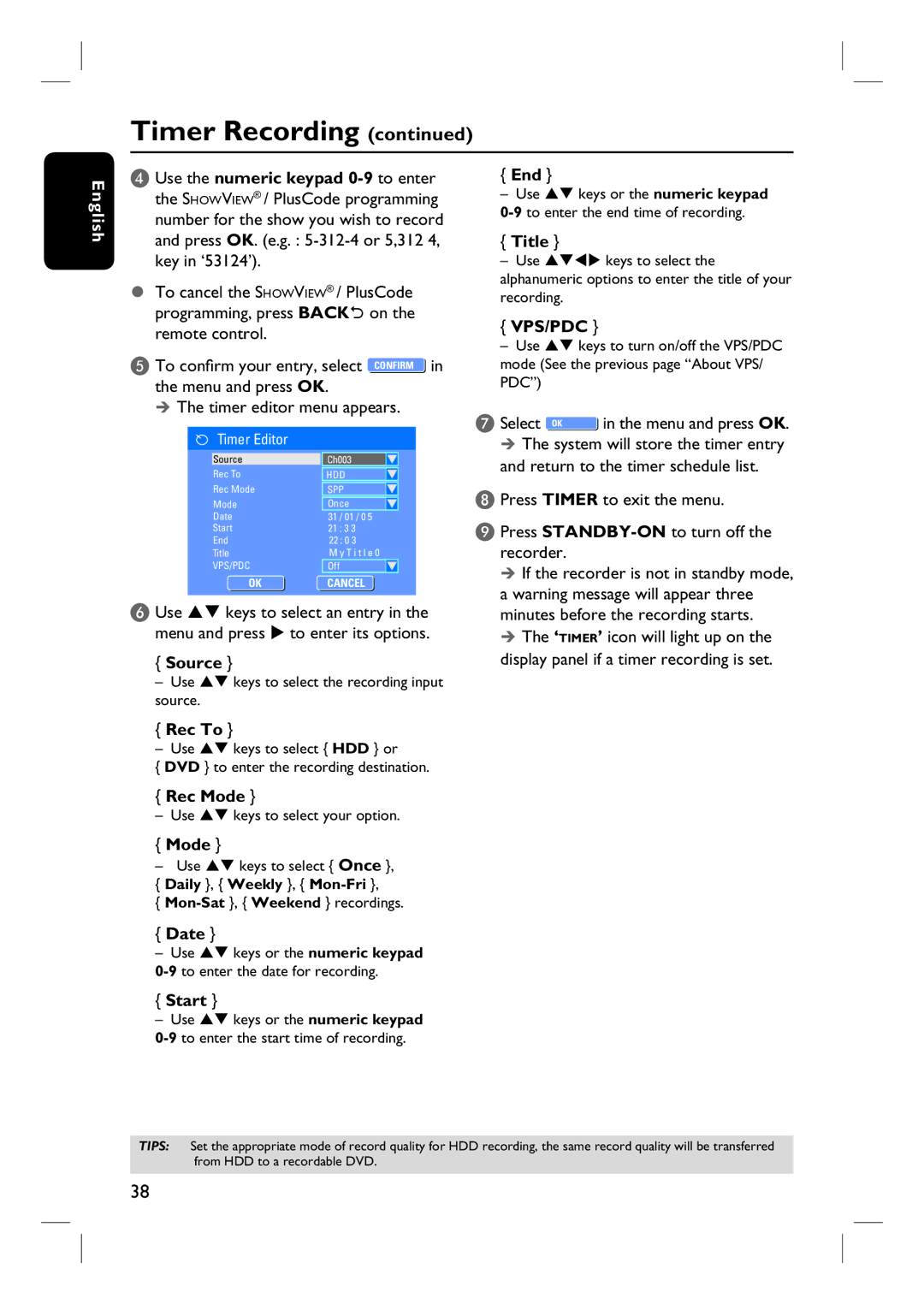 Philips DVDR3452H, DVDR3450H, DVDR3465H, DVDR3460H user manual Rec To, Rec Mode, End, Title, Date, Start 