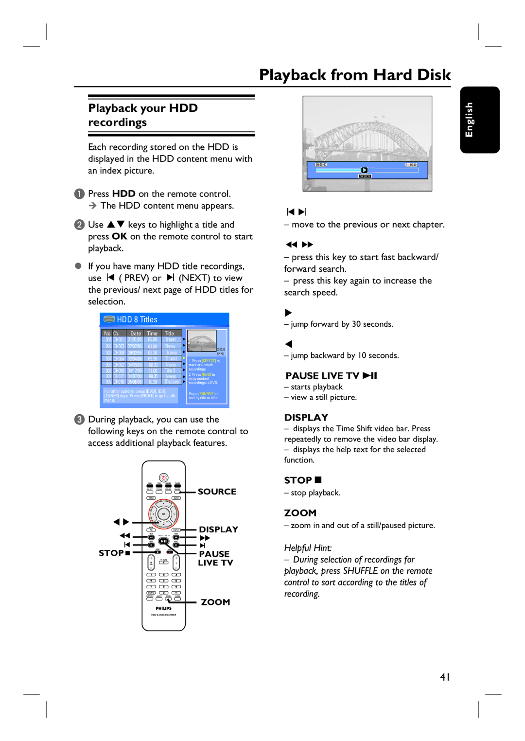 Philips DVDR3465H, DVDR3450H, DVDR3452H, DVDR3460H user manual Playback from Hard Disk, Playback your HDD recordings 