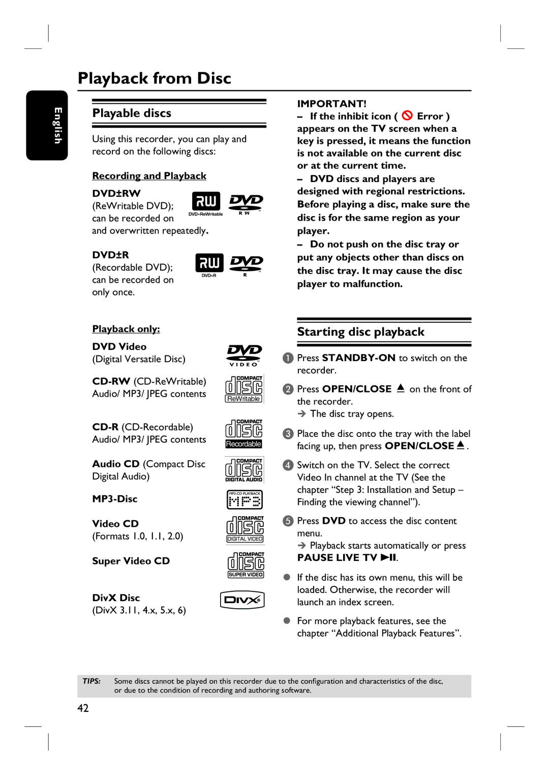 Philips DVDR3452H, DVDR3450H, DVDR3465H, DVDR3460H user manual Playback from Disc, Playable discs, Starting disc playback 