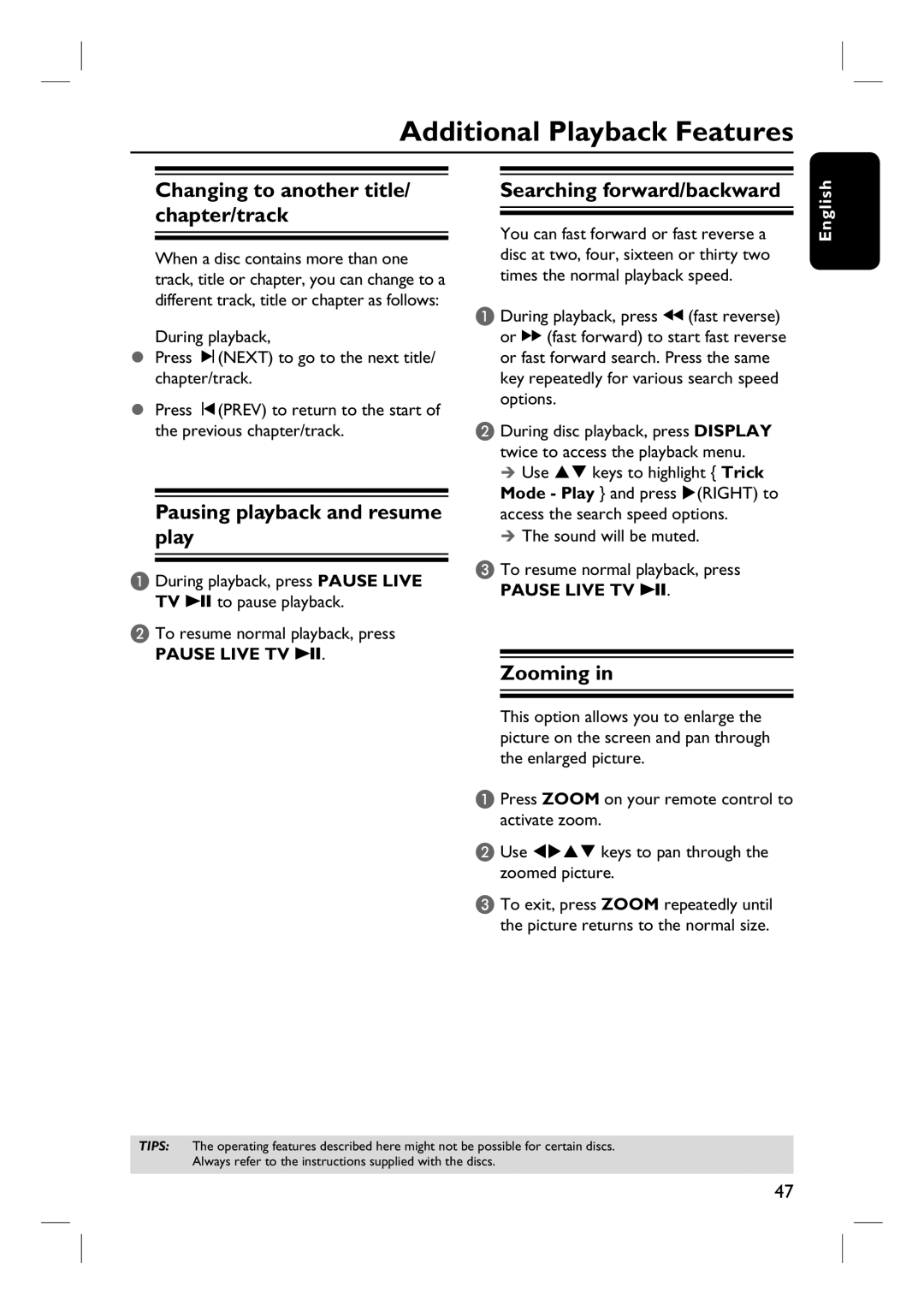 Philips DVDR3460H Additional Playback Features, Changing to another title/ chapter/track, Pausing playback and resume play 