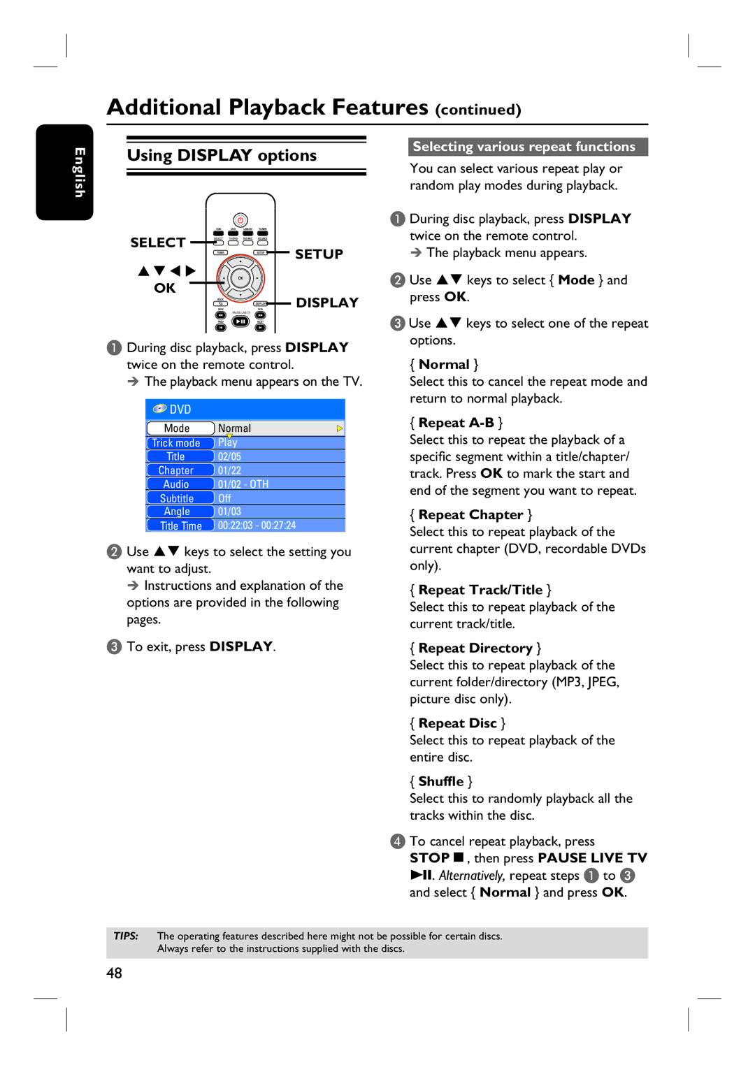 Philips DVDR3450H, DVDR3465H, DVDR3452H, DVDR3460H user manual Using Display options, Selecting various repeat functions 