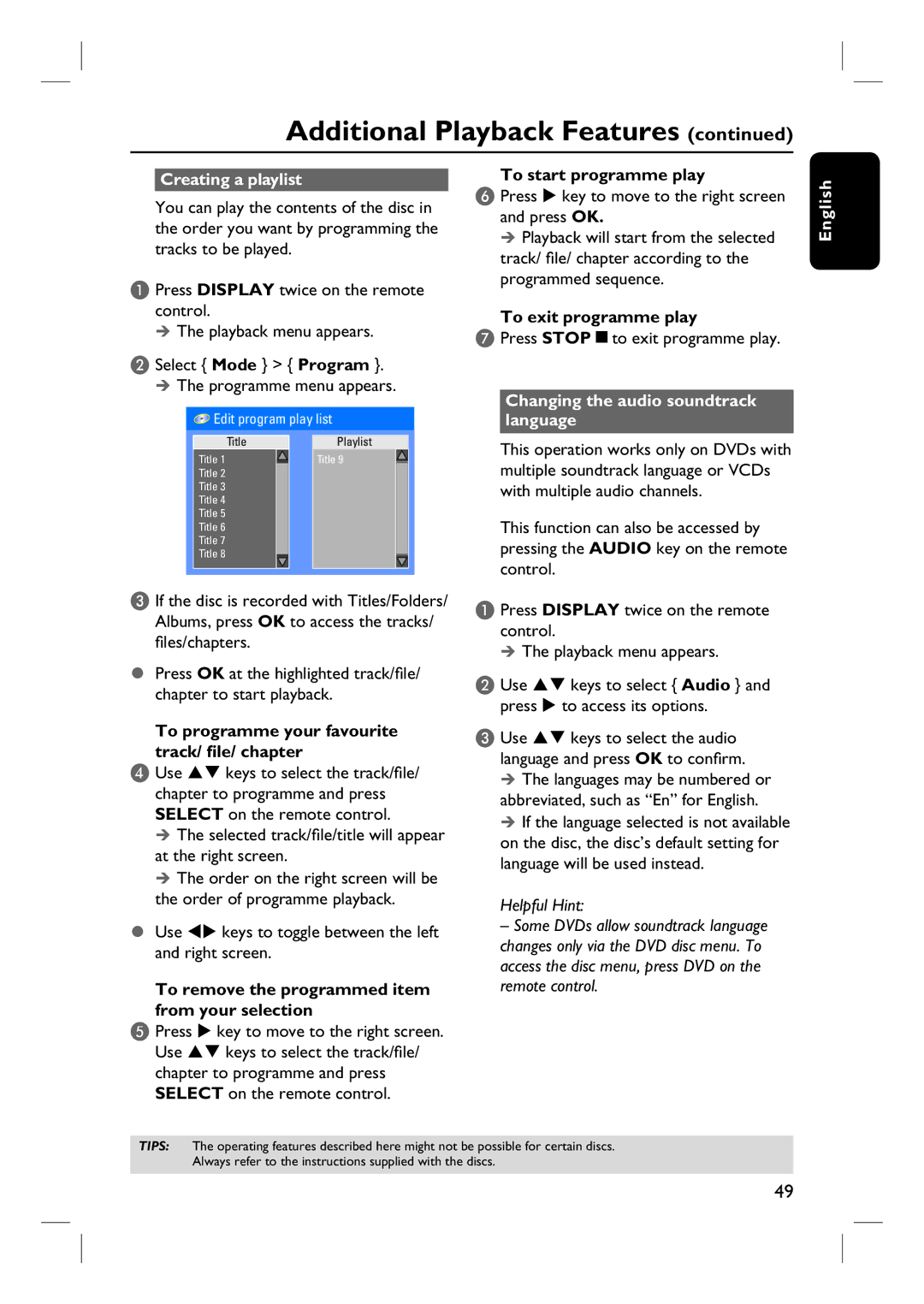 Philips DVDR3465H, DVDR3450H, DVDR3452H, DVDR3460H user manual Creating a playlist, Changing the audio soundtrack language 