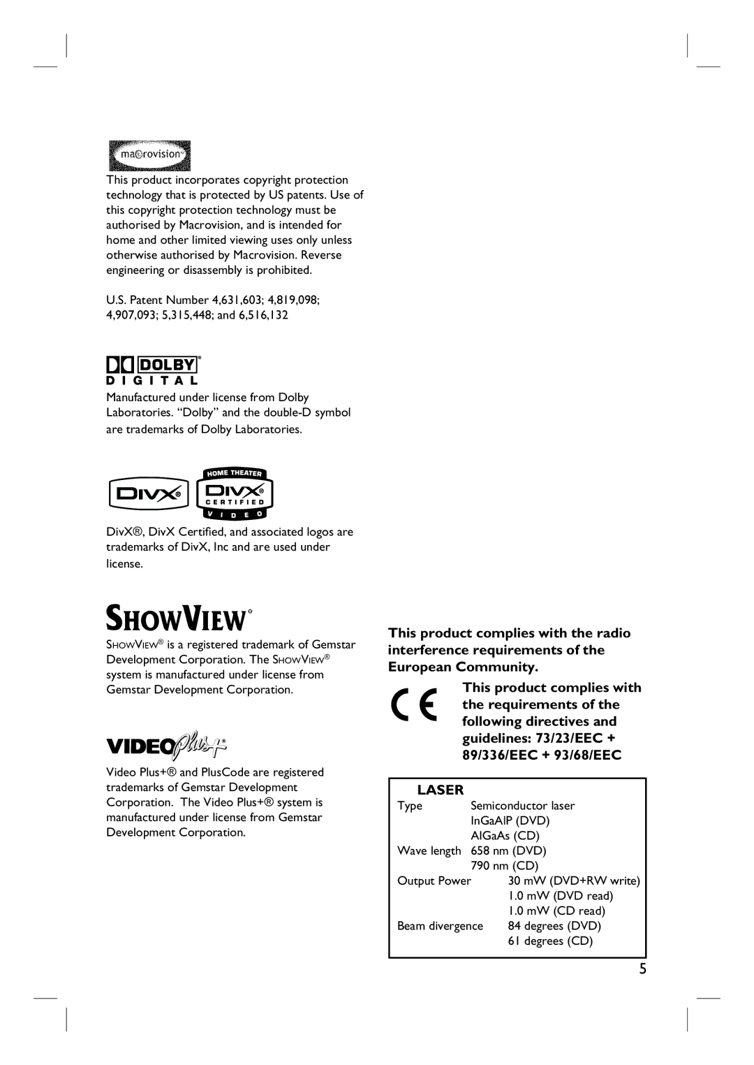 Philips DVDR3465H, DVDR3450H, DVDR3452H, DVDR3460H user manual Laser 