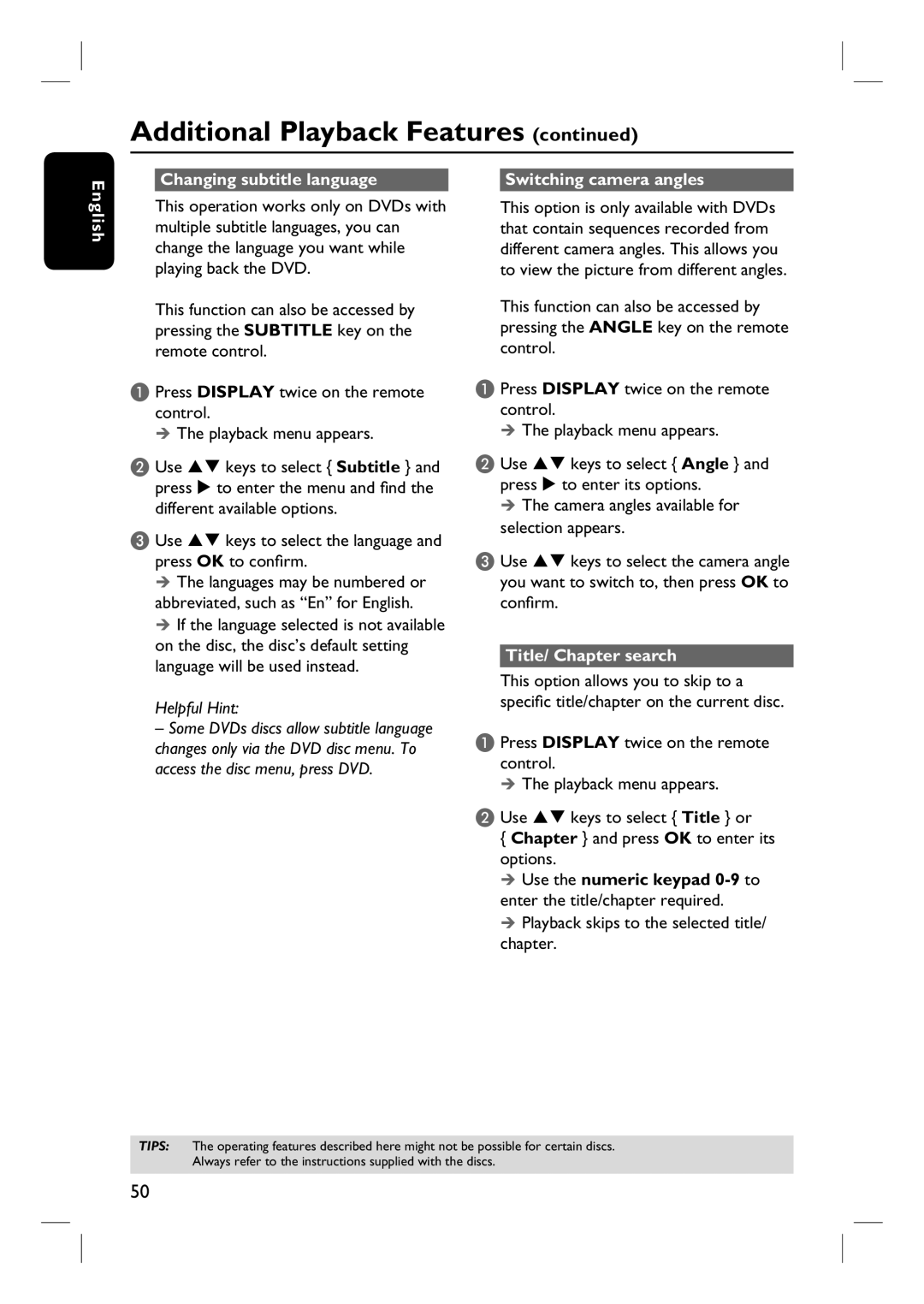 Philips DVDR3452H, DVDR3450H, DVDR3465H Changing subtitle language Switching camera angles English, Title/ Chapter search 