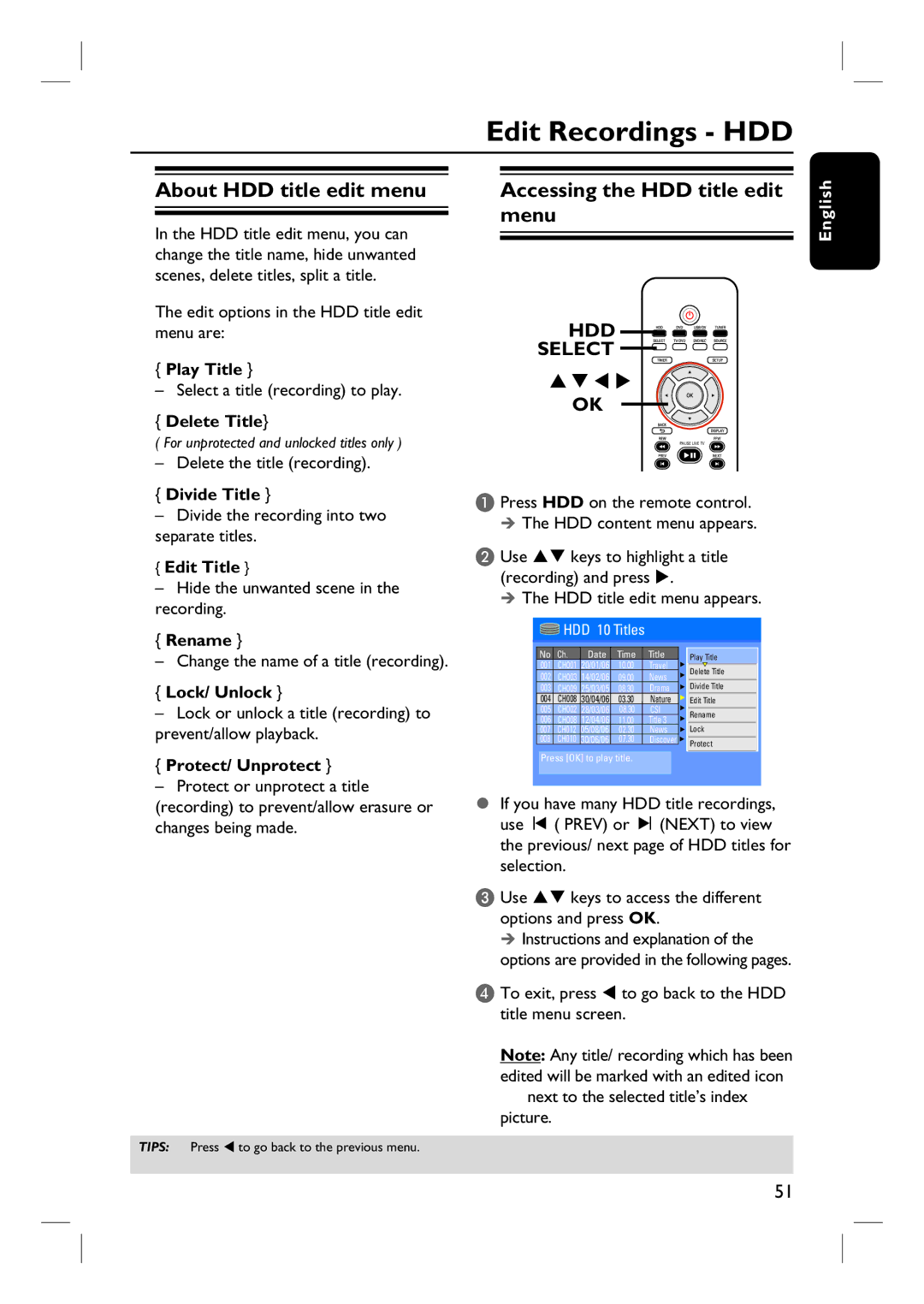 Philips DVDR3460H, DVDR3450H, DVDR3465H Edit Recordings HDD, About HDD title edit menu, Accessing the HDD title edit menu 