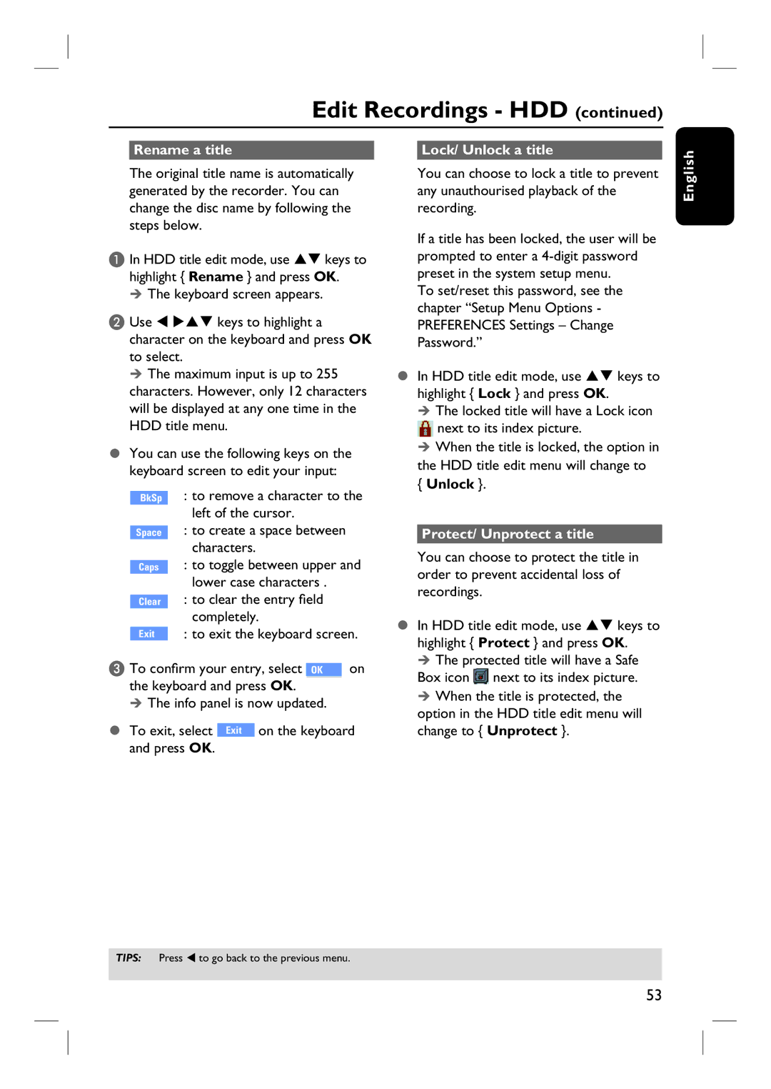 Philips DVDR3465H, DVDR3450H, DVDR3452H, DVDR3460H user manual Rename a title Lock/ Unlock a title, Protect/ Unprotect a title 