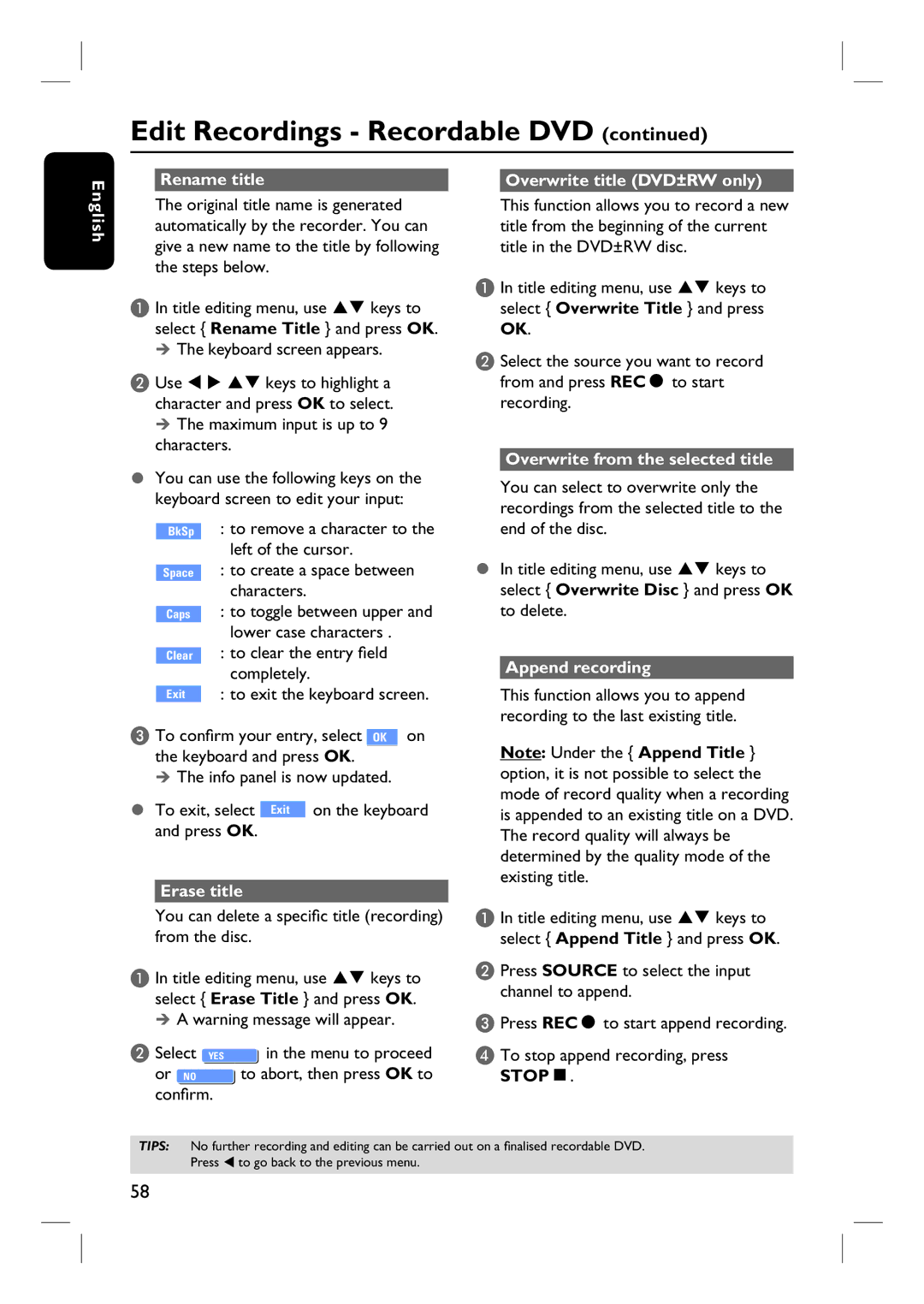 Philips DVDR3452H Rename title Overwrite title DVD±RW only English, Erase title, Overwrite from the selected title 