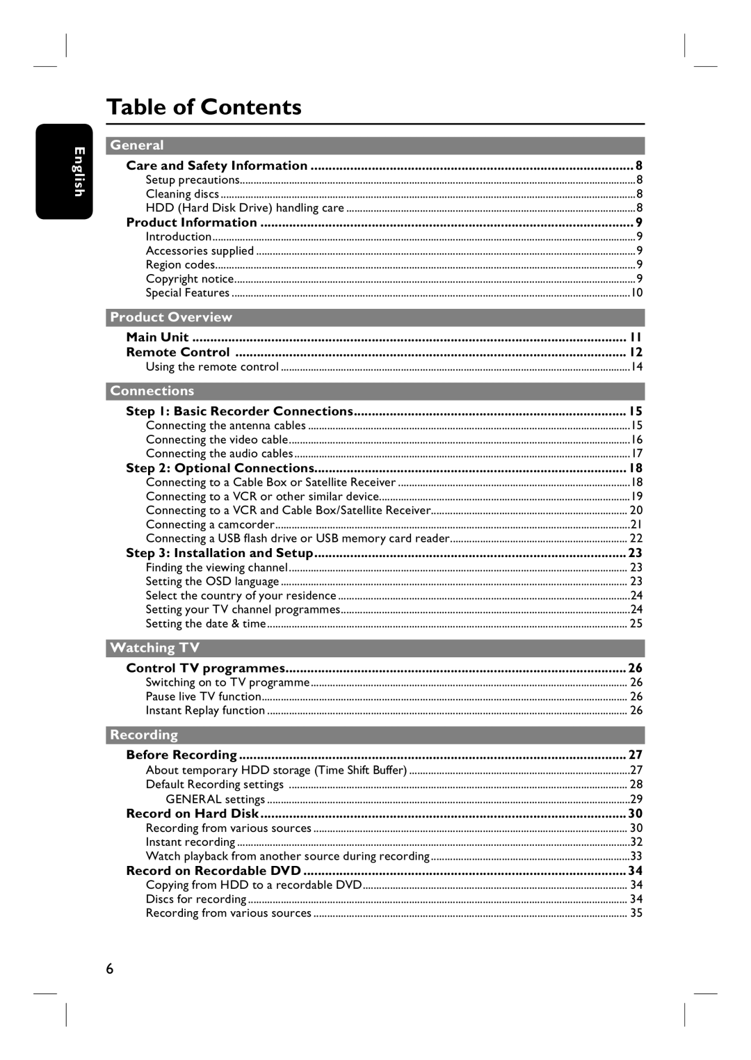 Philips DVDR3452H, DVDR3450H, DVDR3465H, DVDR3460H user manual Table of Contents 