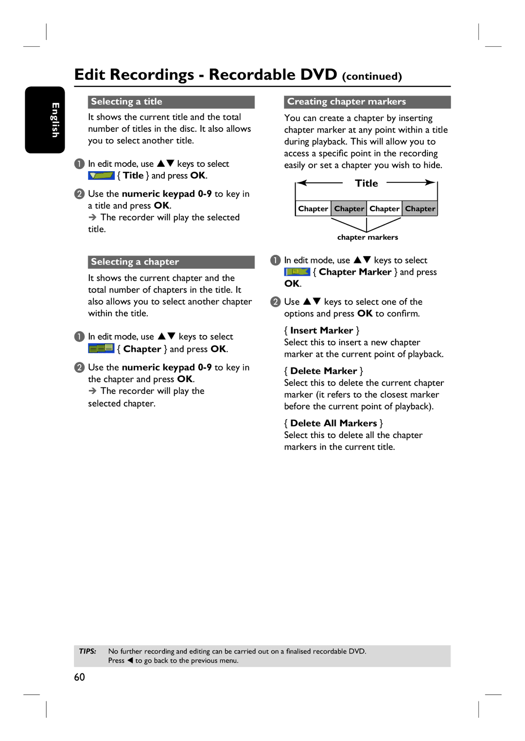 Philips DVDR3450H, DVDR3465H, DVDR3452H, DVDR3460H English Selecting a title, Selecting a chapter, Creating chapter markers 