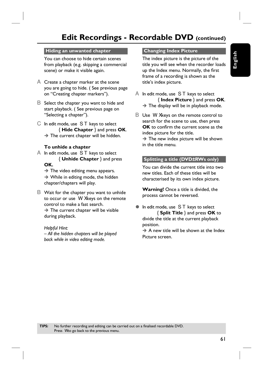 Philips DVDR3465H Hiding an unwanted chapter, To unhide a chapter, Unhide Chapter and press, Changing Index Picture 