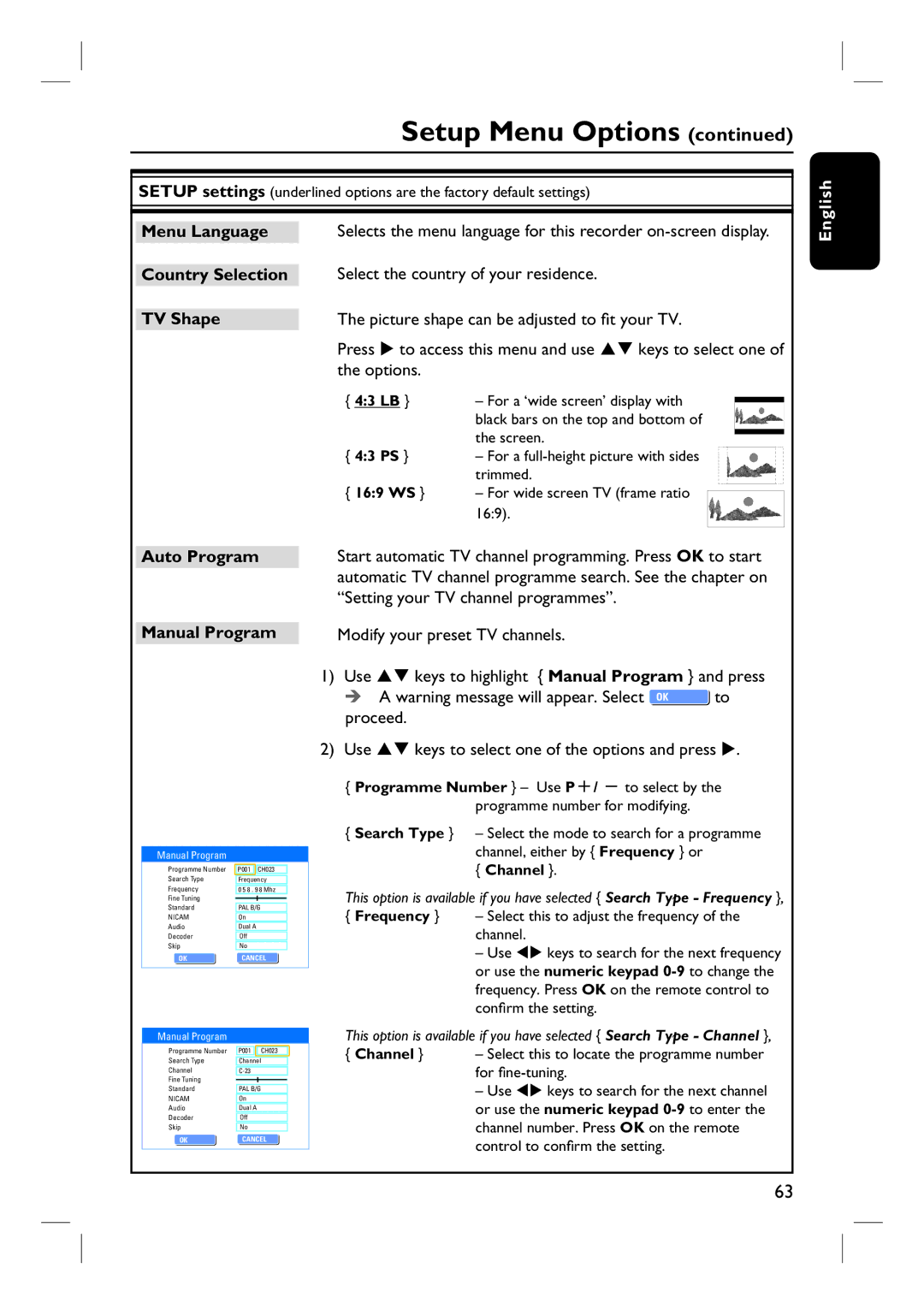 Philips DVDR3460H, DVDR3450H, DVDR3465H, DVDR3452H Menu Language, Country Selection, TV Shape, Auto Program Manual Program 