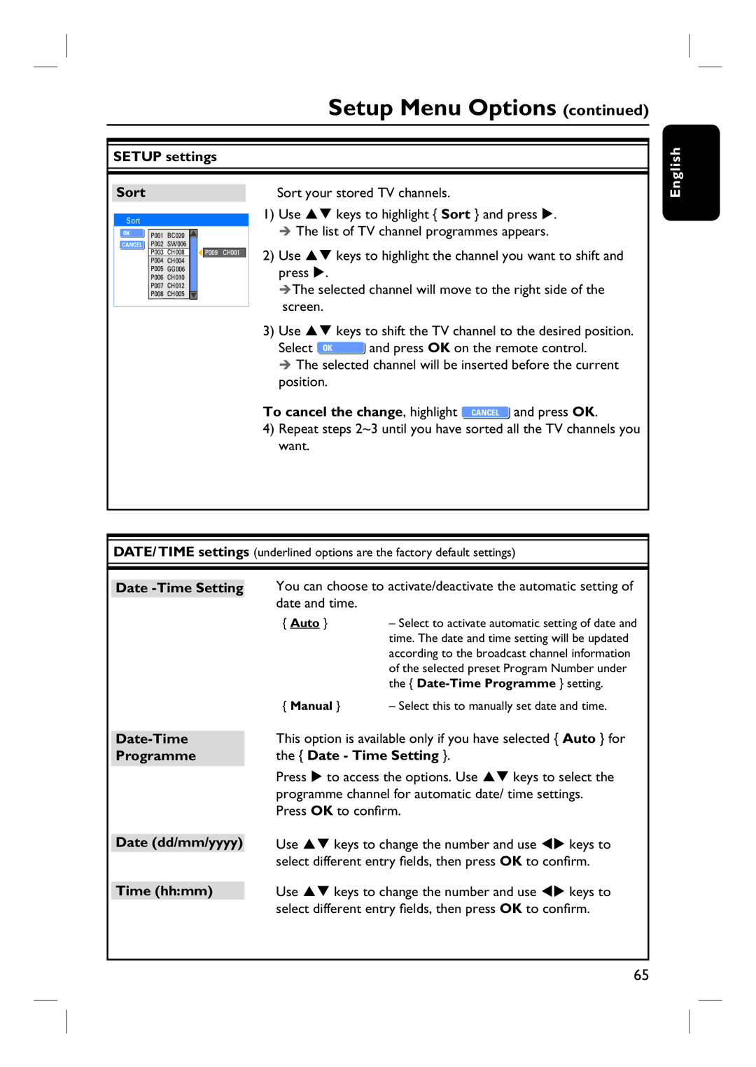 Philips DVDR3465H, DVDR3450H Setup settings, Sort, Date -Time Setting, Date-Time Programme Date dd/mm/yyyy Time hhmm 