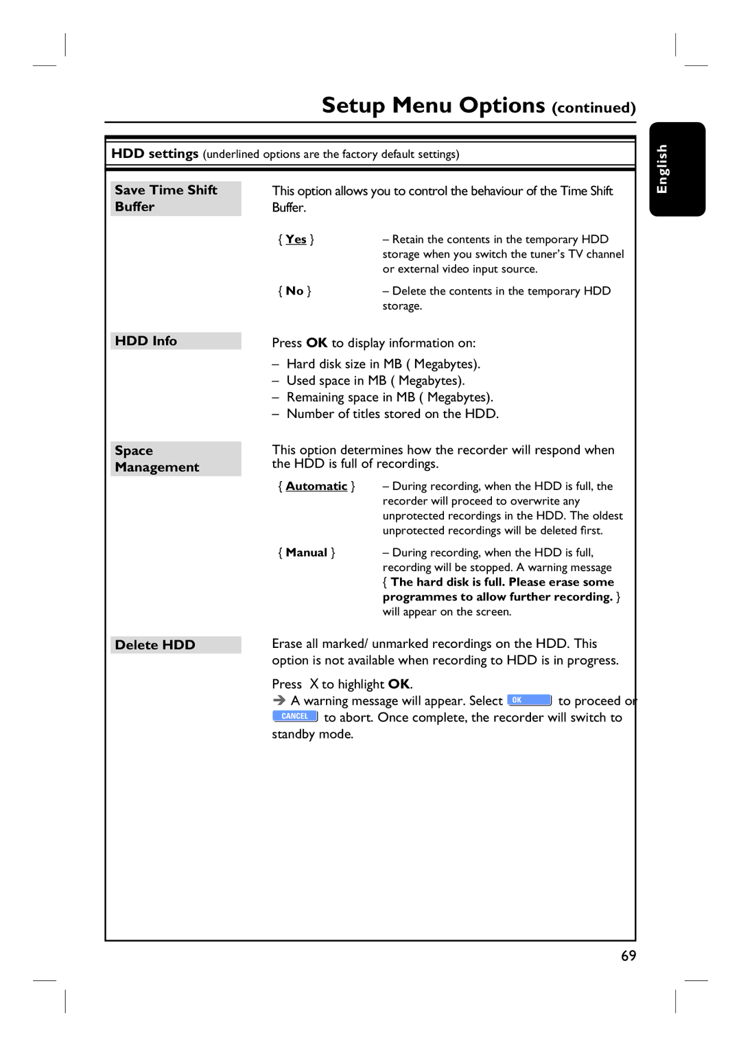 Philips DVDR3465H Save Time Shift Buffer, HDD Info Space Management Delete HDD, Press X to highlight OK Standby mode 