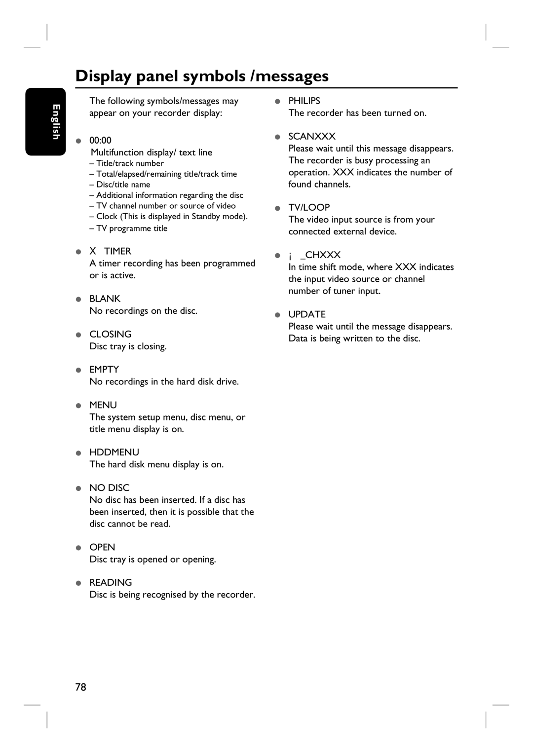 Philips DVDR3452H, DVDR3450H, DVDR3465H, DVDR3460H user manual Display panel symbols /messages 