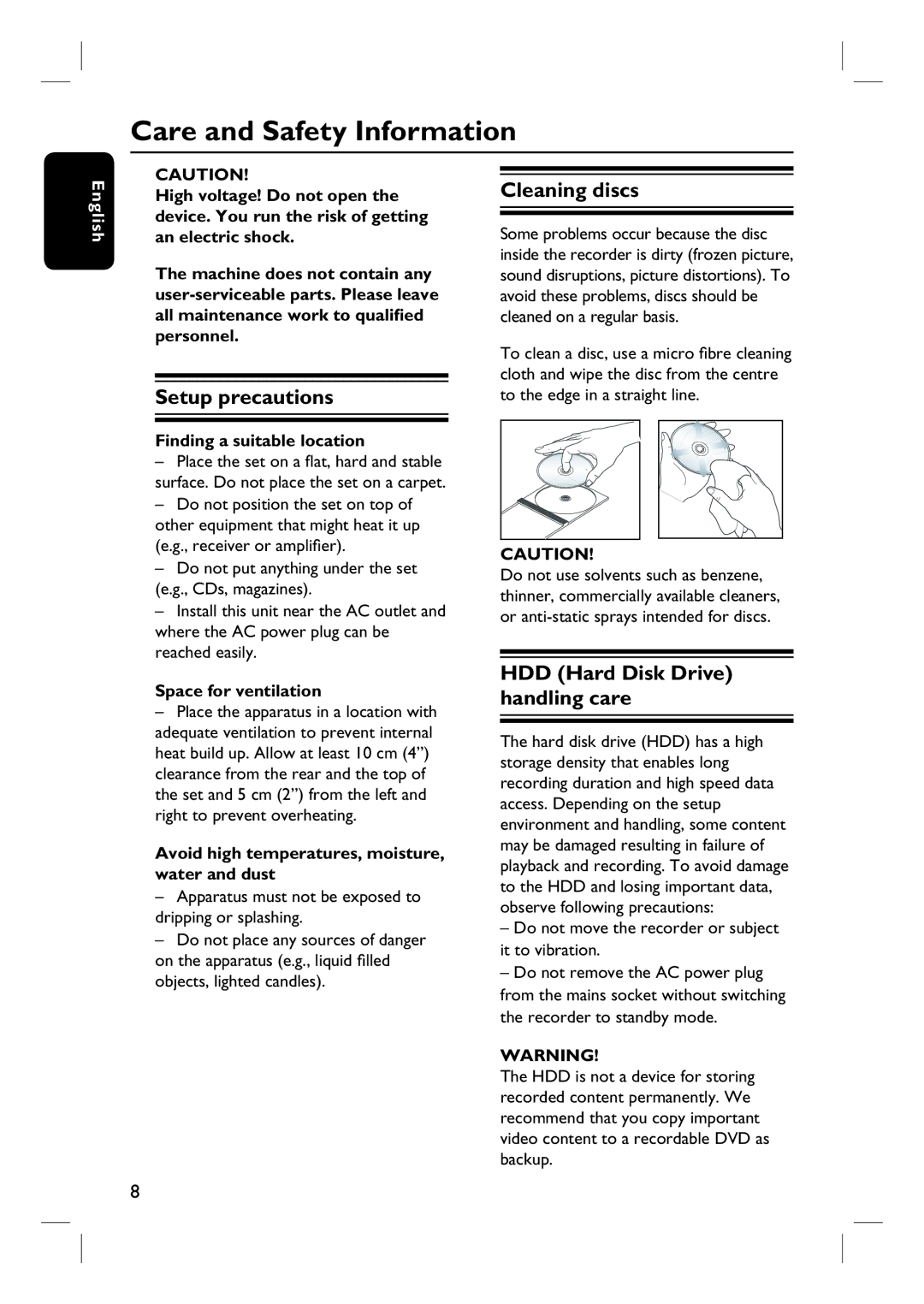 Philips DVDR3450H Care and Safety Information, Setup precautions, Cleaning discs, HDD Hard Disk Drive handling care 