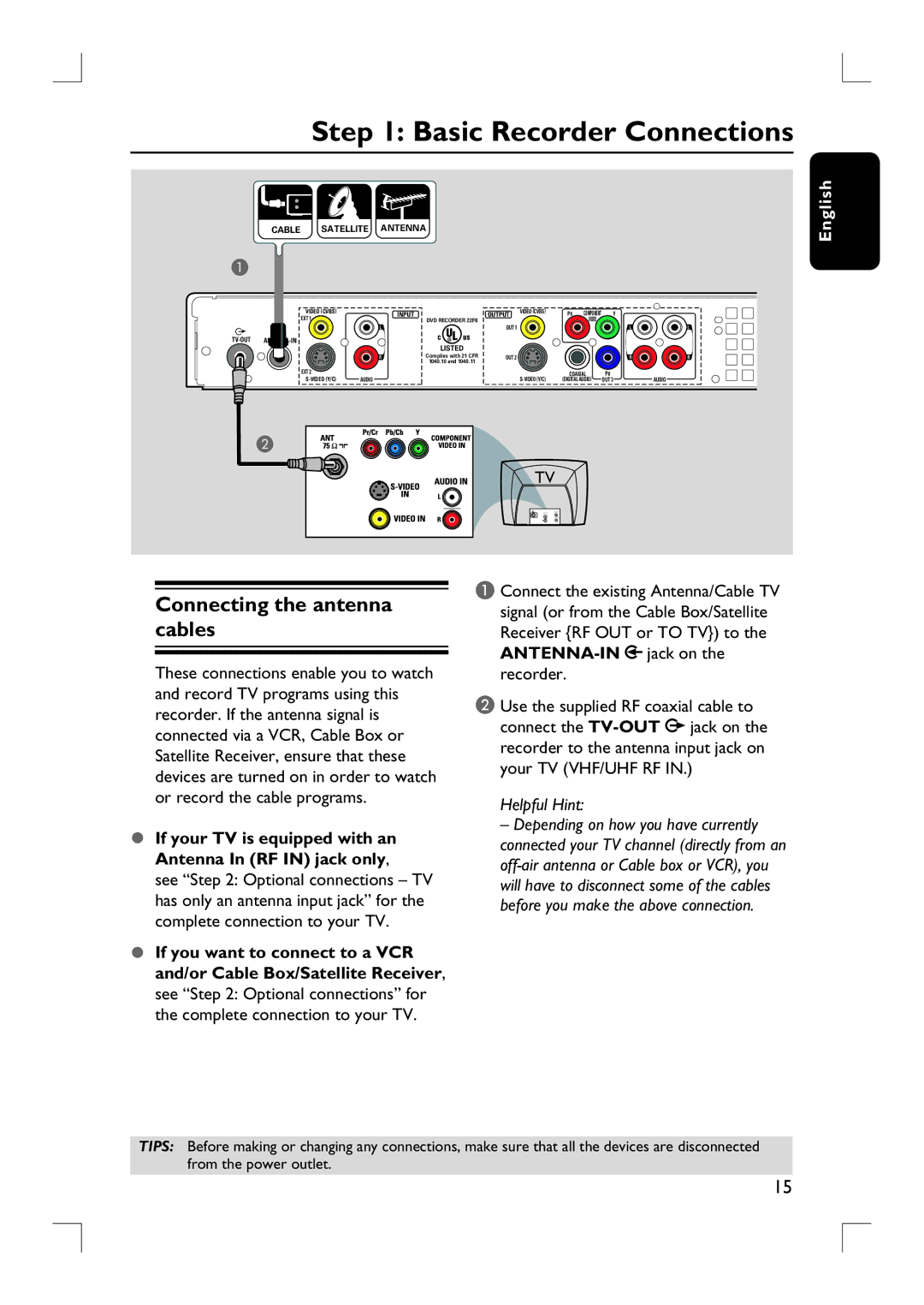 Philips DVDR3455H user manual Basic Recorder Connections, Connecting the antenna cables 