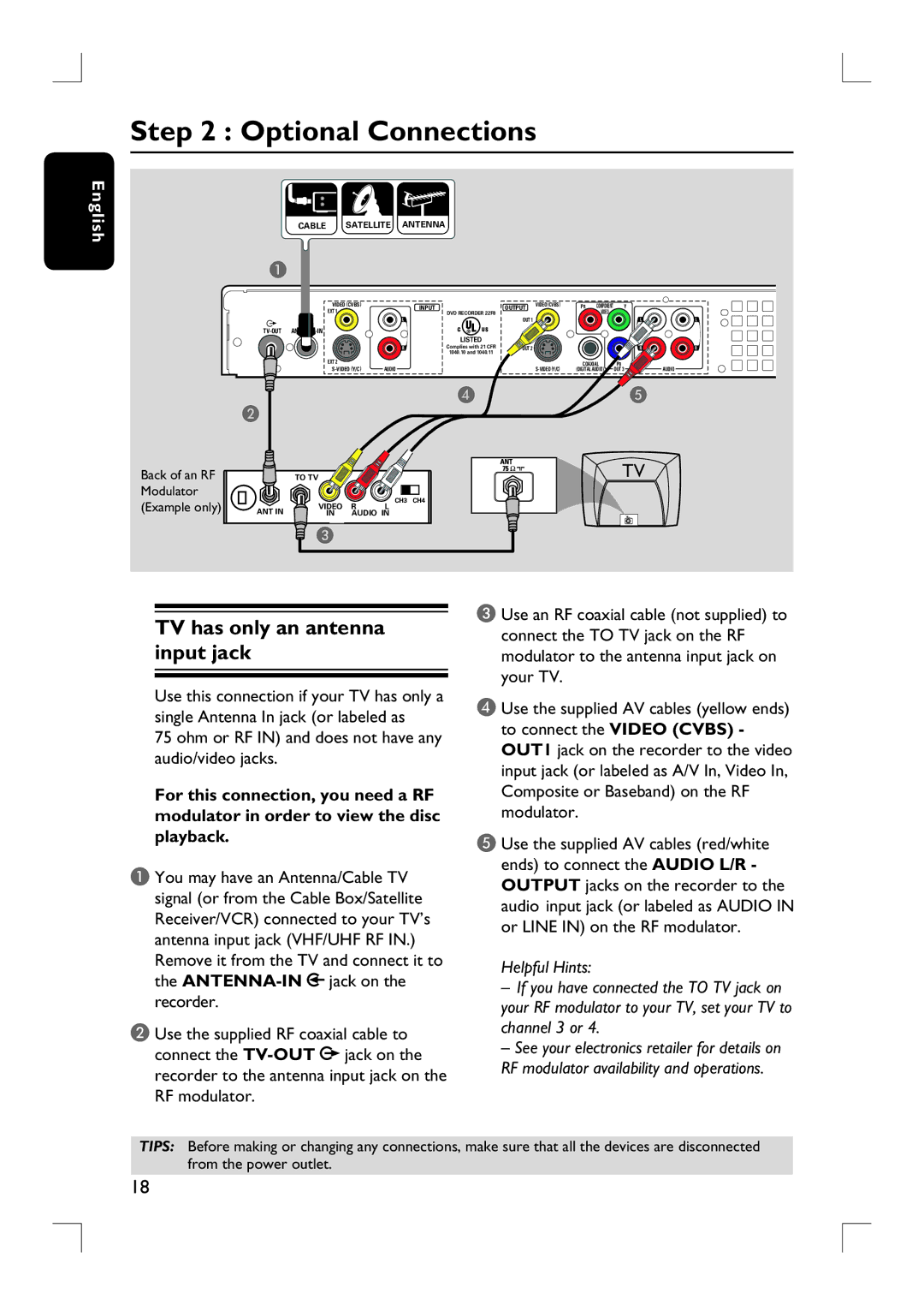 Philips DVDR3455H user manual Optional Connections, TV has only an antenna input jack 