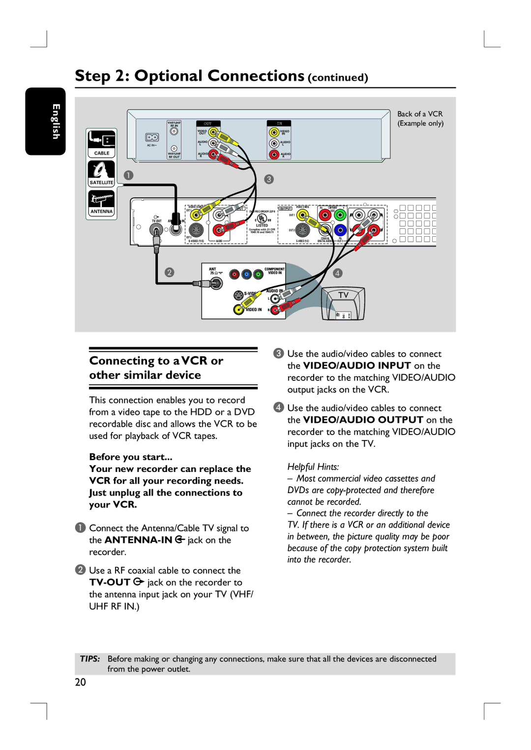 Philips DVDR3455H user manual Connecting to a VCR or other similar device, Example only 