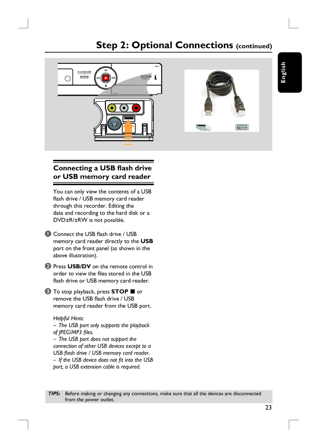 Philips DVDR3455H user manual Connecting a USB flash drive or USB memory card reader, To stop playback, press Stop or 