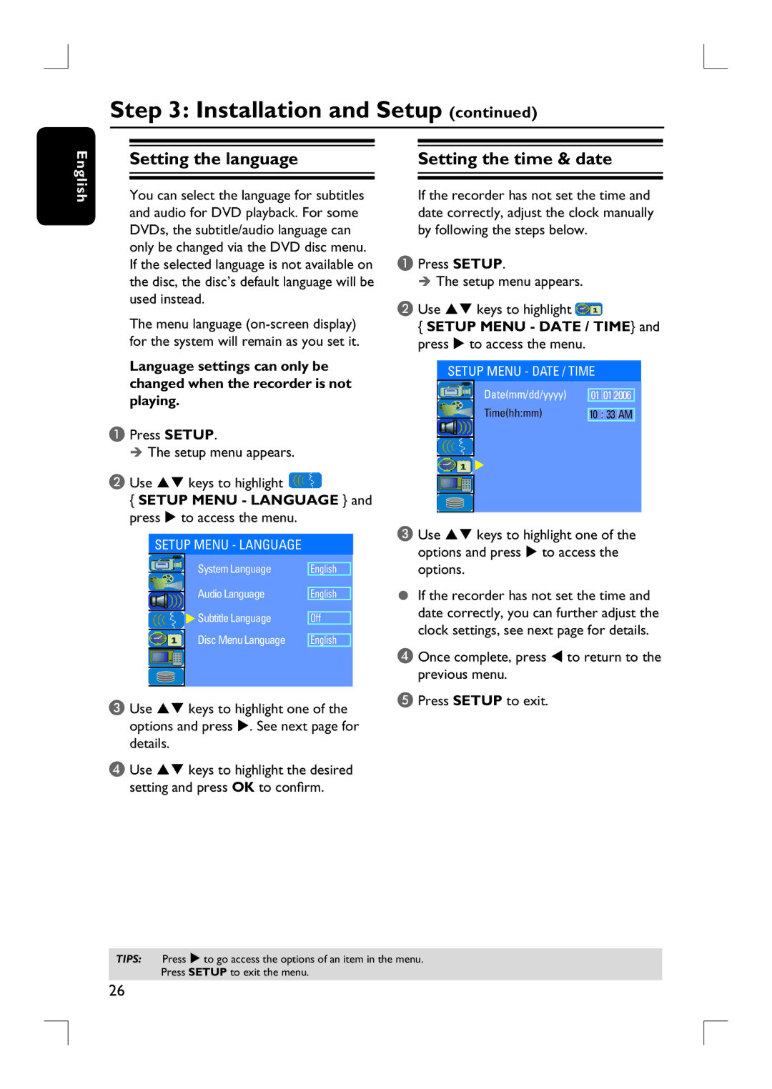 Philips DVDR3455H Setting the language Setting the time & date, Engli, Setup Menu Language and press X to access the menu 