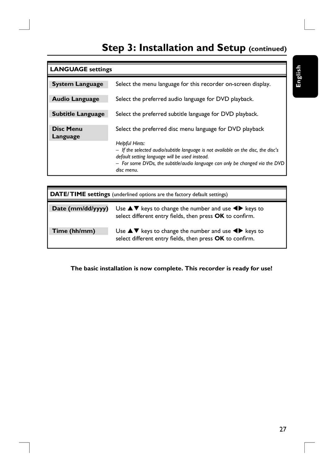 Philips DVDR3455H user manual Language settings 