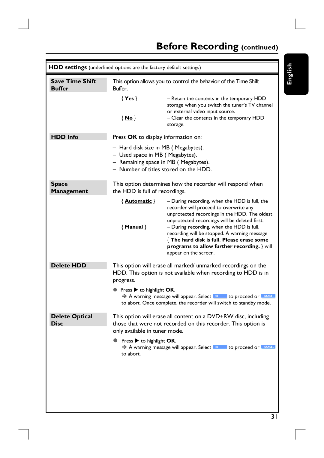 Philips DVDR3455H user manual Save Time Shift, Buffer, HDD Info, Space, Management, Delete HDD, Delete Optical, Disc 