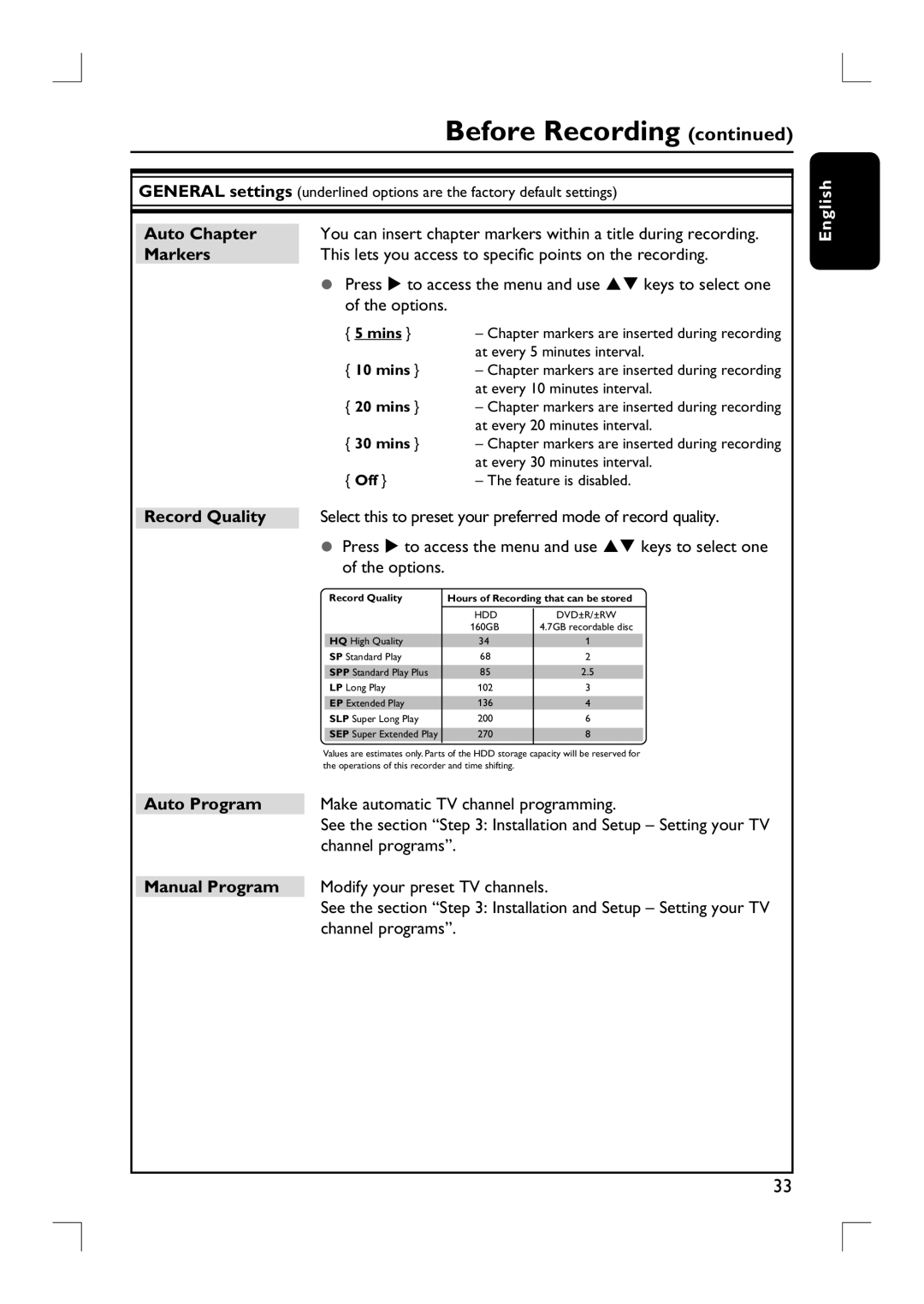 Philips DVDR3455H user manual Auto Chapter, Markers, Record Quality 