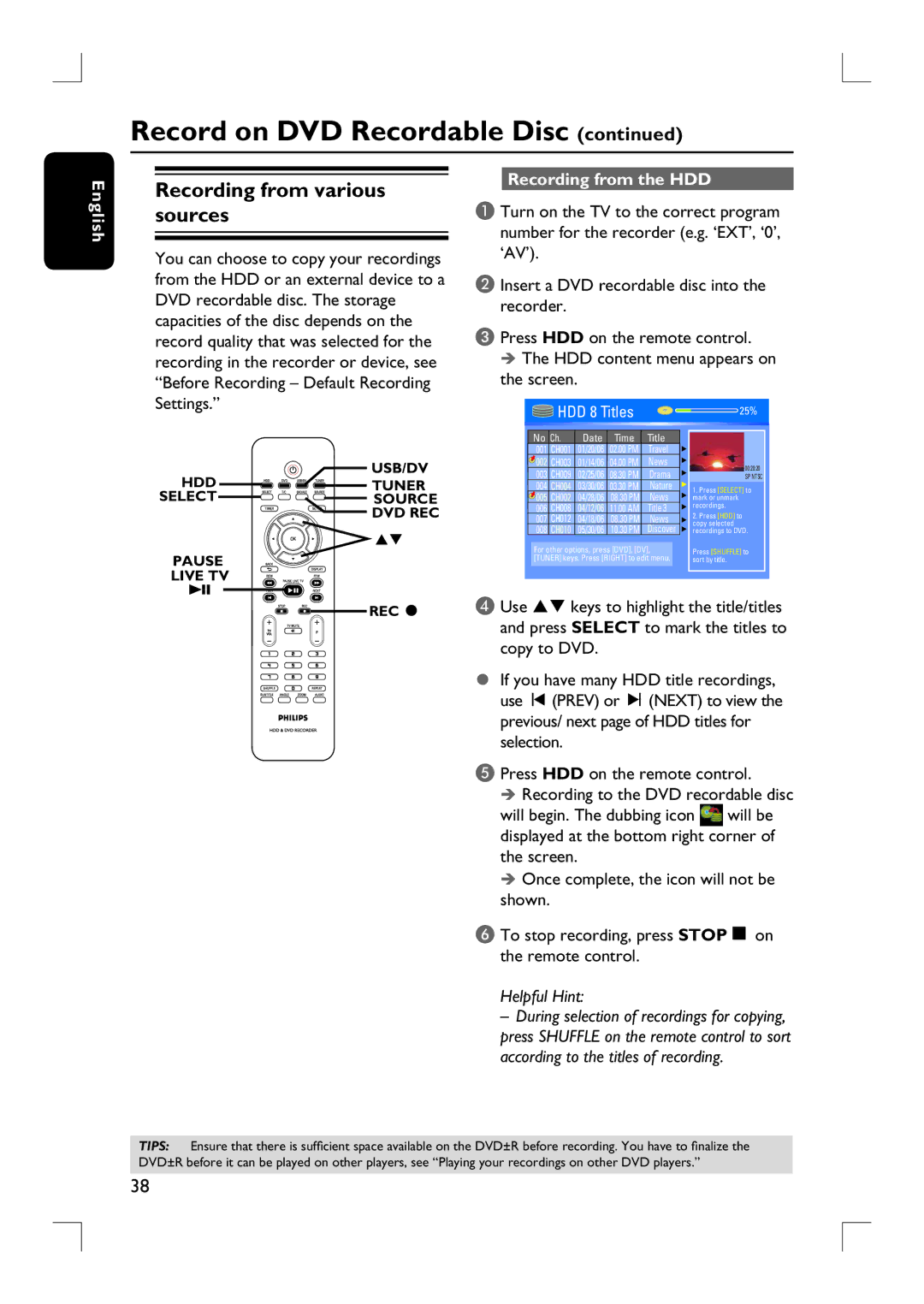 Philips DVDR3455H user manual Recording from various sources, Recording from the HDD, Screen 