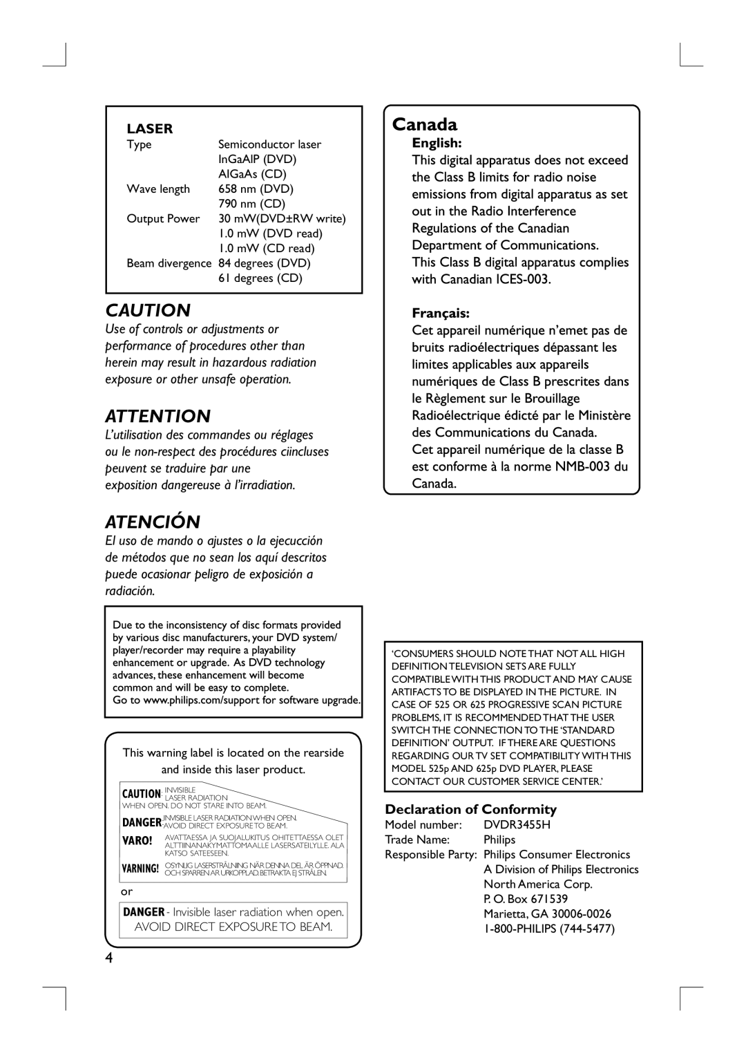 Philips DVDR3455H user manual Declaration of Conformity 