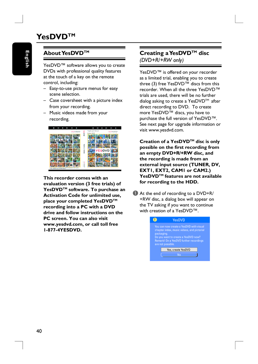 Philips DVDR3455H user manual AboutYesDVDTM, Creating aYesDVDTM disc 