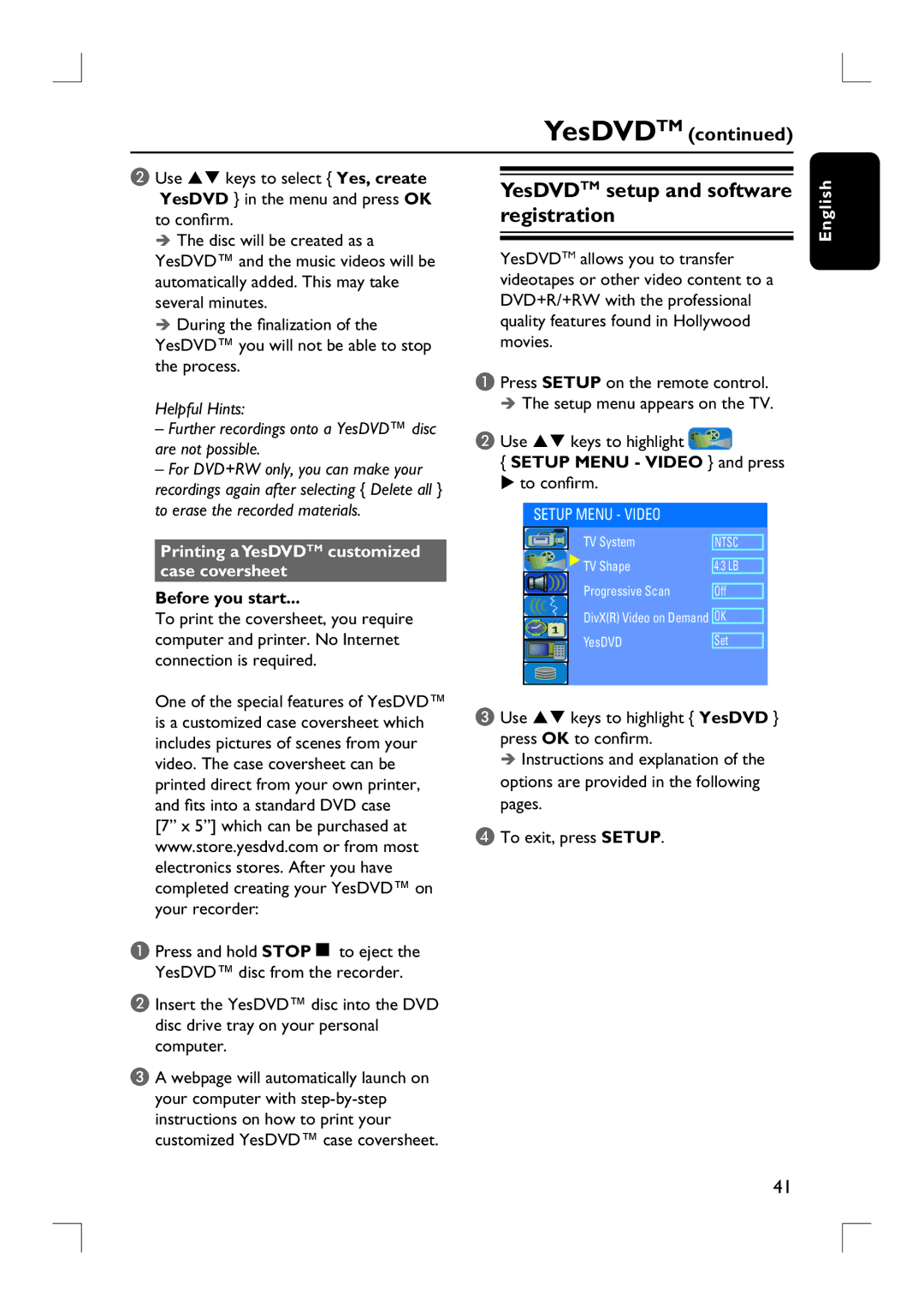 Philips DVDR3455H YesDVDTM setup and software registration, Printing aYesDVDTM customized case coversheet, To confirm 