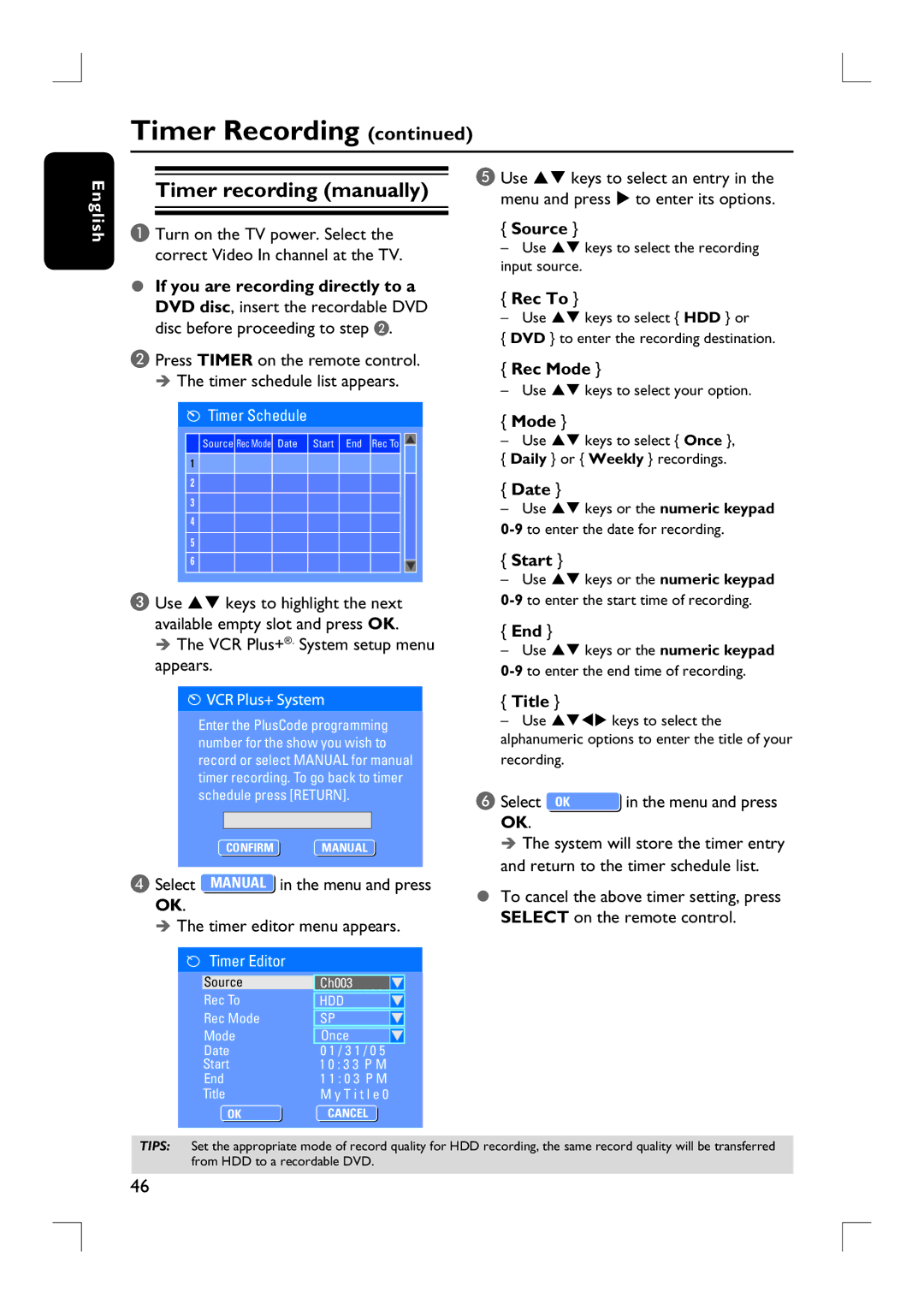 Philips DVDR3455H user manual Timer recording manually, If you are recording directly to a Rec To 