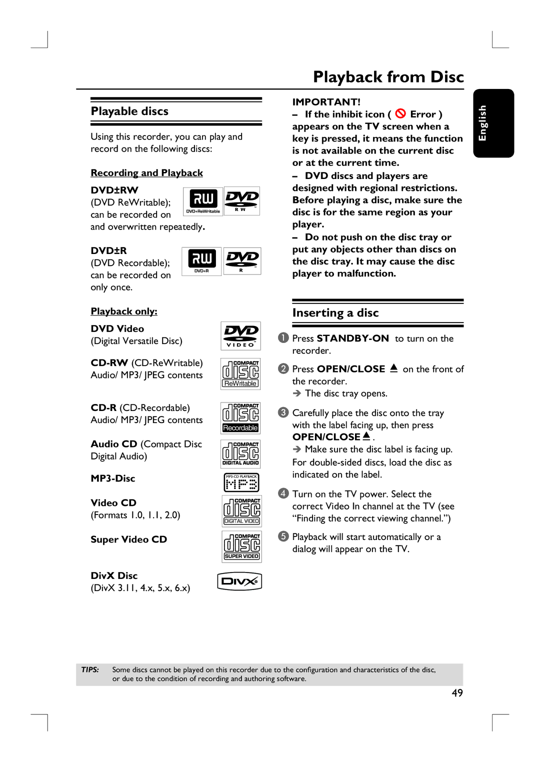 Philips DVDR3455H user manual Playback from Disc, Playable discs, Inserting a disc 