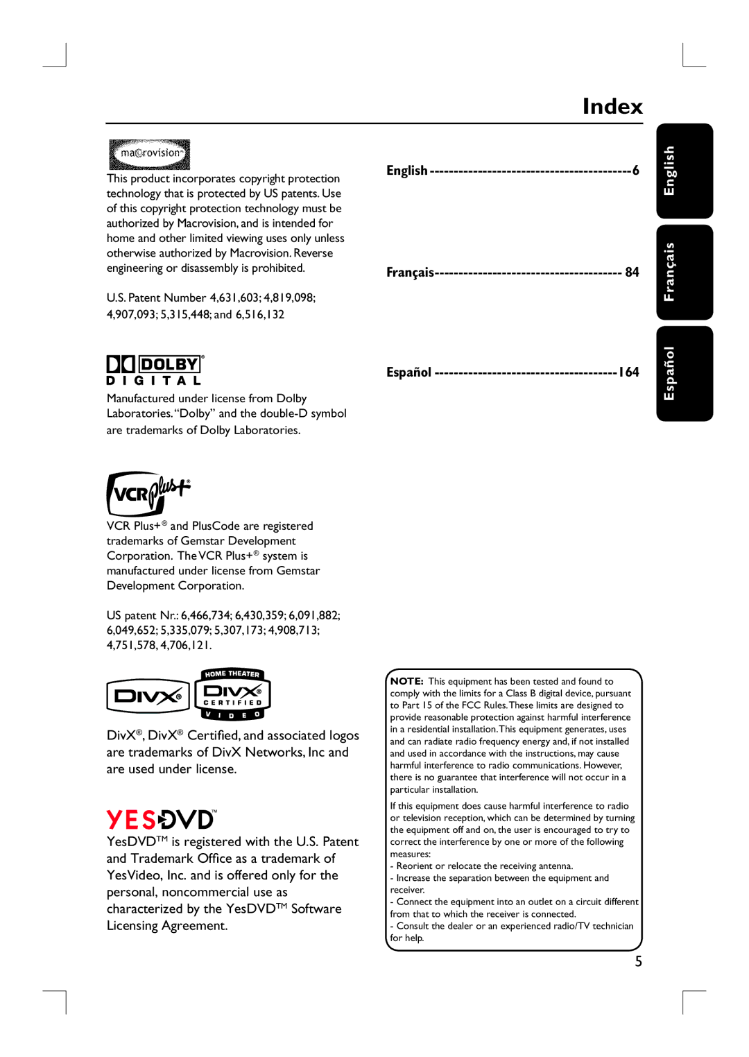 Philips DVDR3455H user manual Index, Español Français English, English Français Español 164 