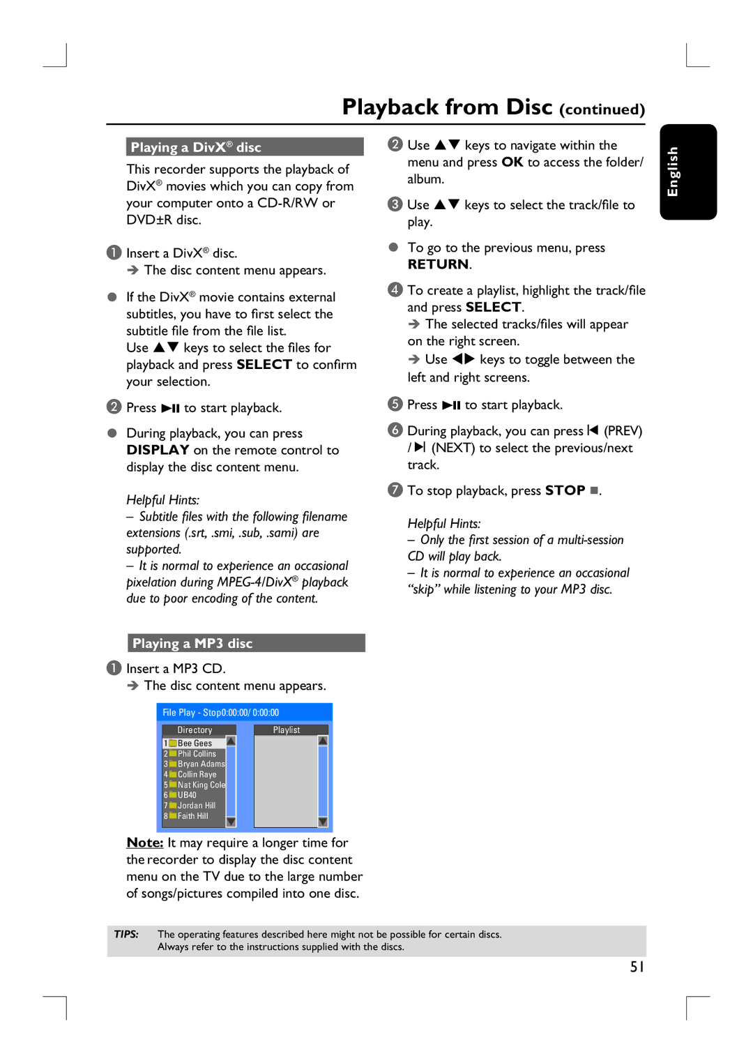 Philips DVDR3455H user manual Playing a DivX disc, Playing a MP3 disc, Insert a MP3 CD Disc content menu appears 