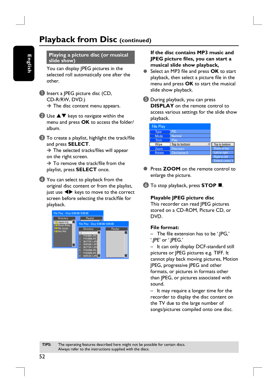 Philips DVDR3455H user manual English Playing a picture disc or musical slide show, Playable Jpeg picture disc, File format 