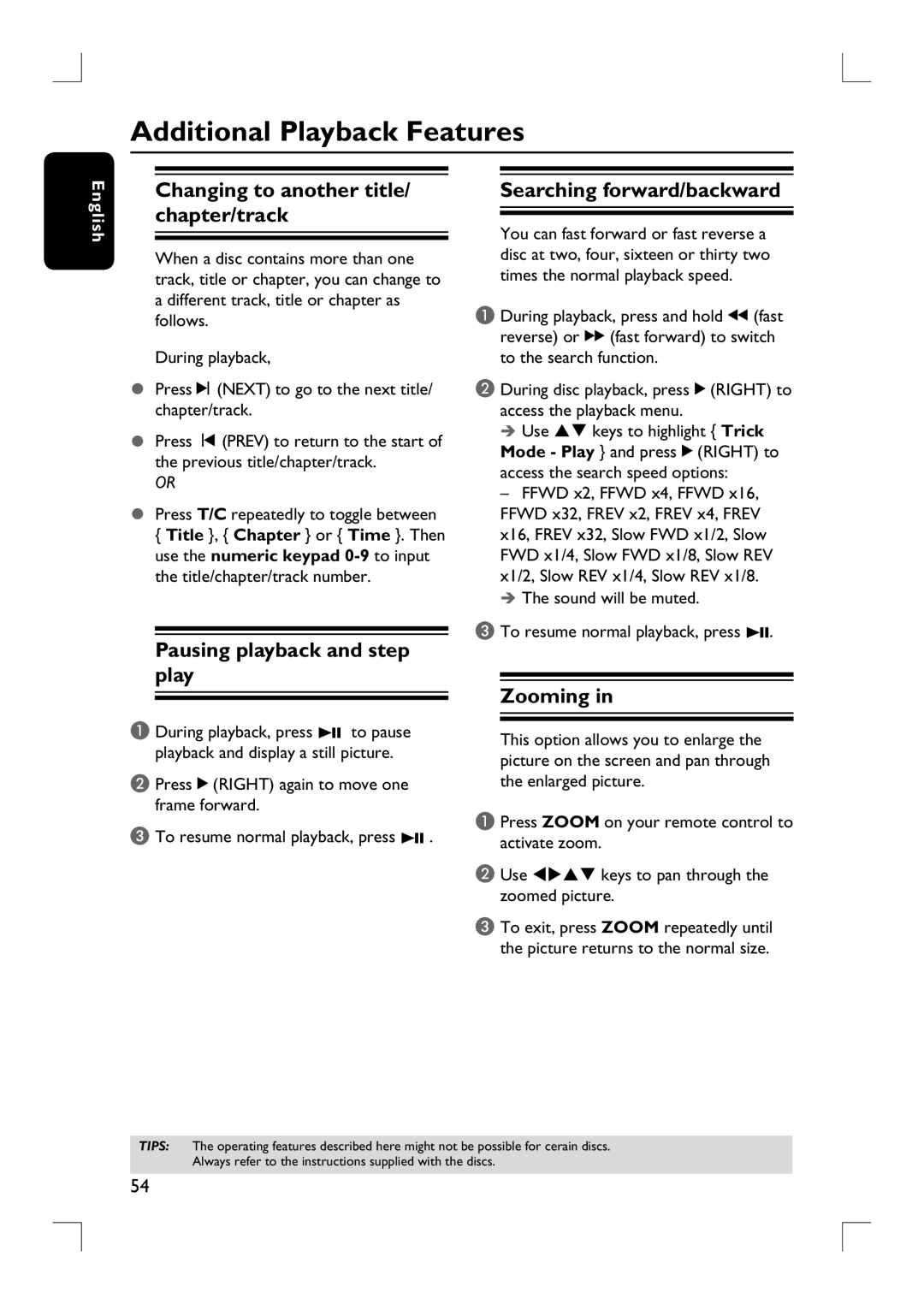 Philips DVDR3455H Additional Playback Features, Changing to another title/ chapter/track, Pausing playback and step play 