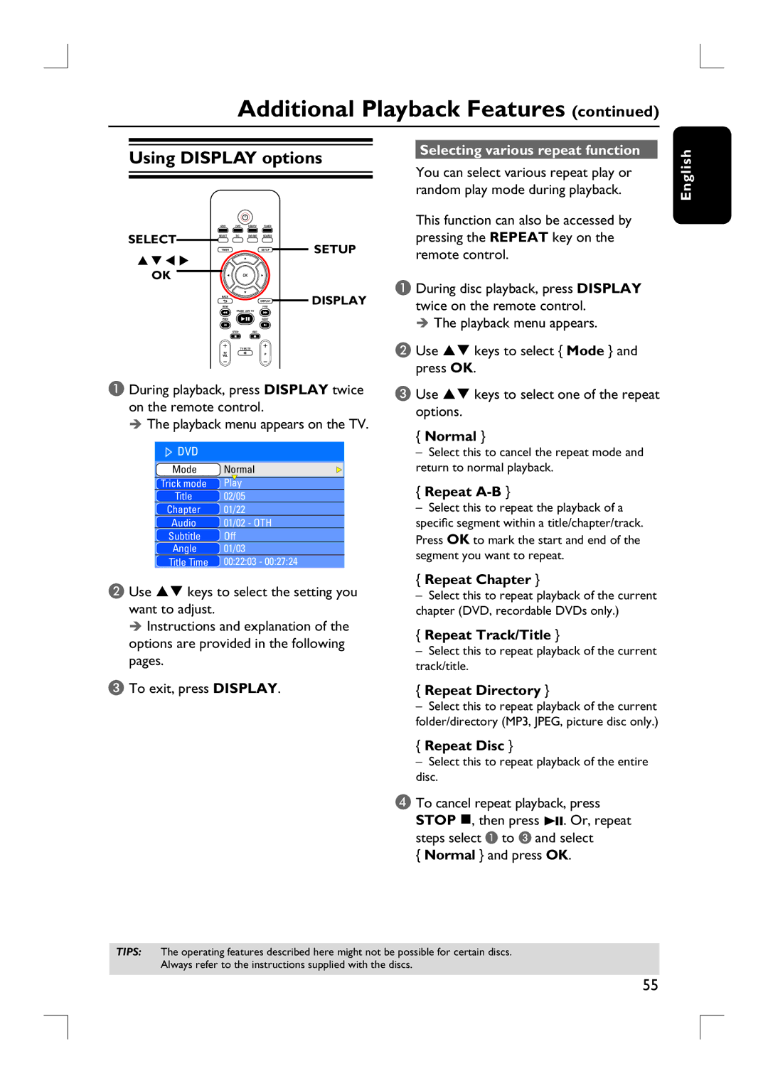 Philips DVDR3455H user manual Using Display options, Selecting various repeat function 